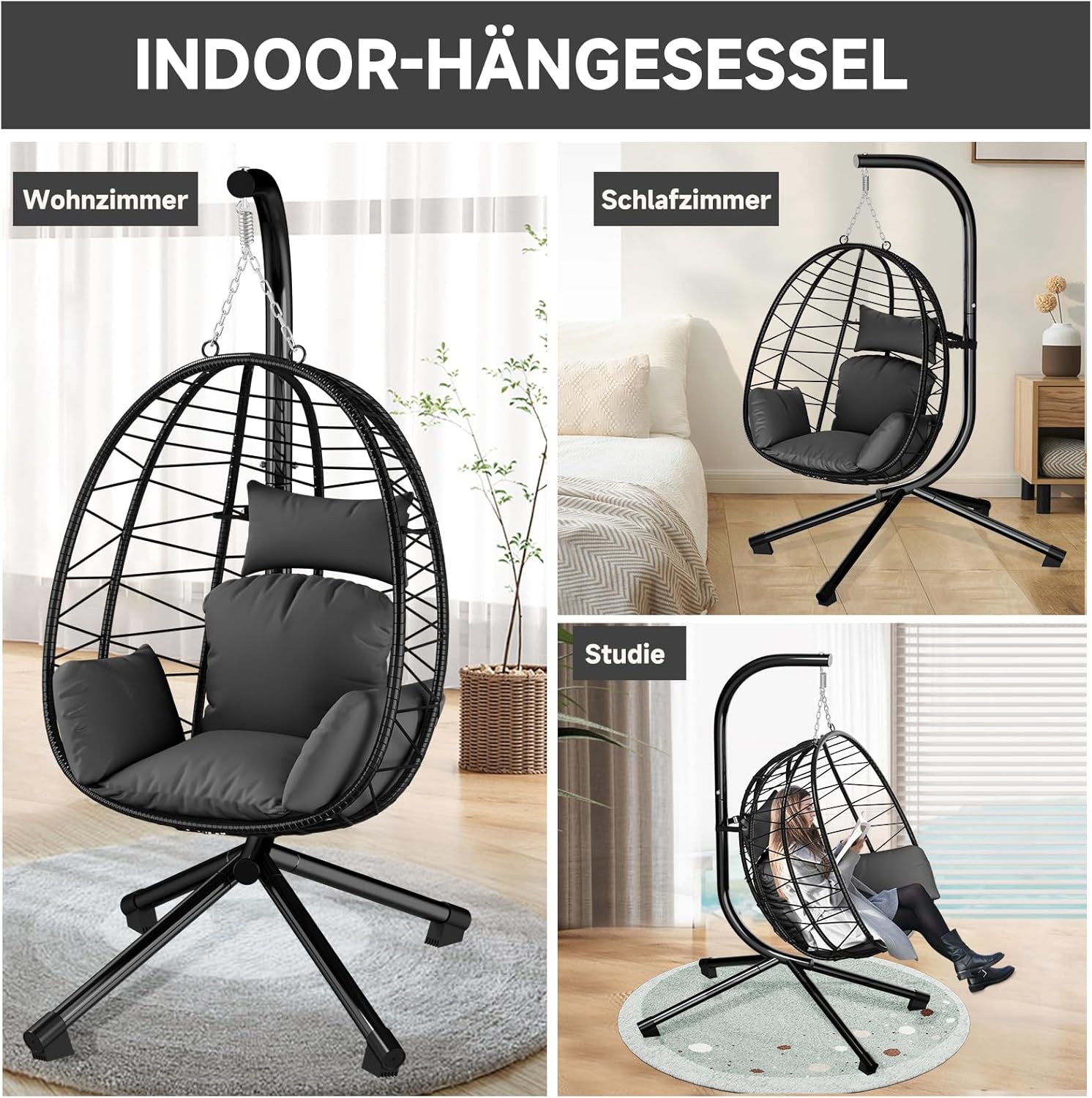 HOMELUX Hängesessel mit Gestell Hängematte Hängestuhl mit Kissen Schaukel Max. 130 kg, Grau