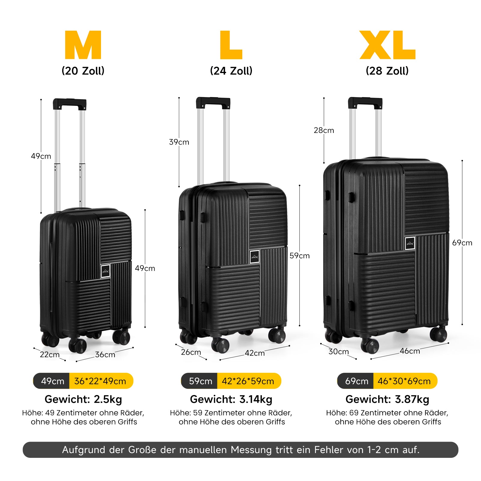 HOMELUX Hartschalenkoffer Set 3-teilig ABS Leicht Trolley Kofferset Rollkoffer Reisekoffer Hartschale M-L-XL