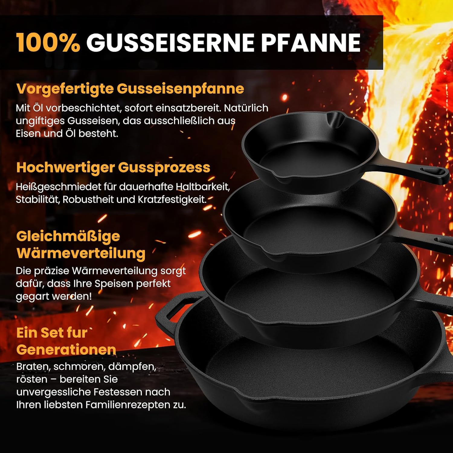HOMELUX Gusseiserne Bratpfanne, eingebrannt & induktionsgeeignet, gusseiserne Pfanne für alle Herdarten, Backofen & Grill