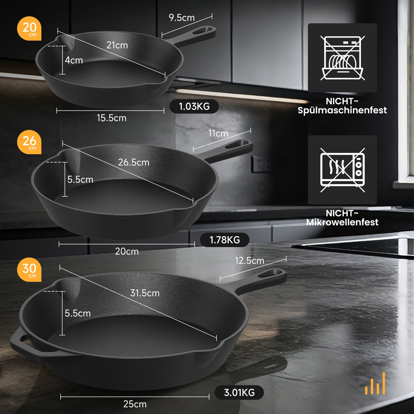 HOMELUX Gusseiserne Bratpfanne, eingebrannt & induktionsgeeignet, gusseiserne Pfanne für alle Herdarten, Backofen & Grill