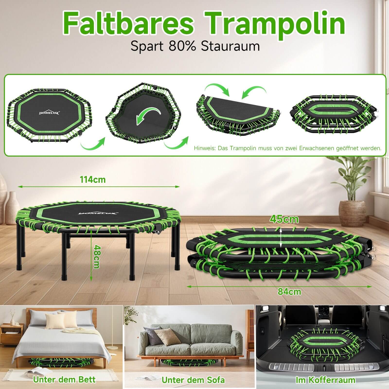 Achteckiges Trampolin mit stabilen Gummifüßen für sicheren Halt