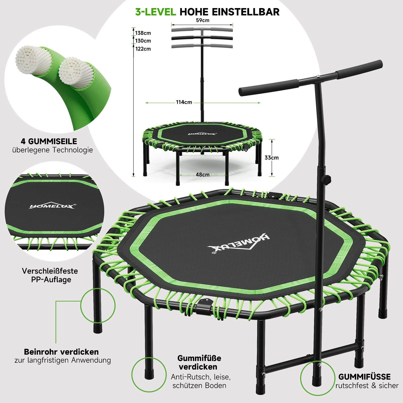 Hochwertiges Trampolin mit elastischen Gummiseilen für leises Springen