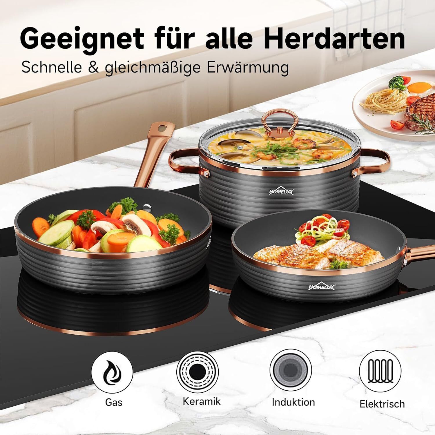 Kompaktes Topfset mit Kasserolle für Saucen und kleine Gerichte, ideal für jeden Anlass