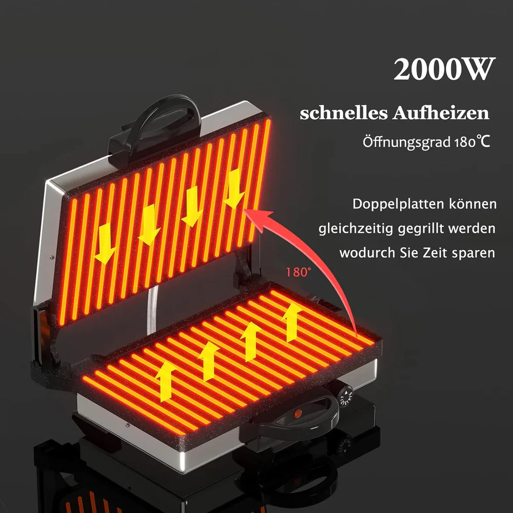 Edelstahl 2000W: Kontaktgrill, Antihaft, Multi-Grill & Brotmaschine