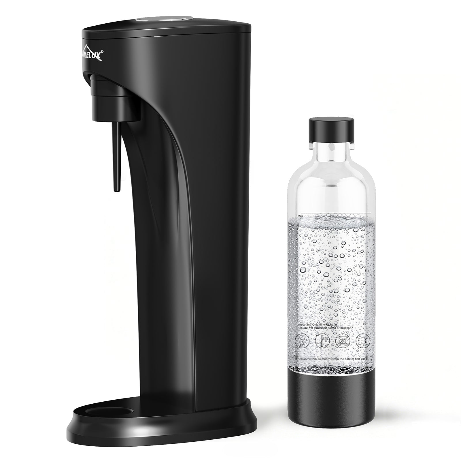 HOMELUX Wassersprudler Set inkl. BPA-freier PET-Flasche, kabelloser Trinkwassersprudler für 60L CO2-Zylinder, Schwarz