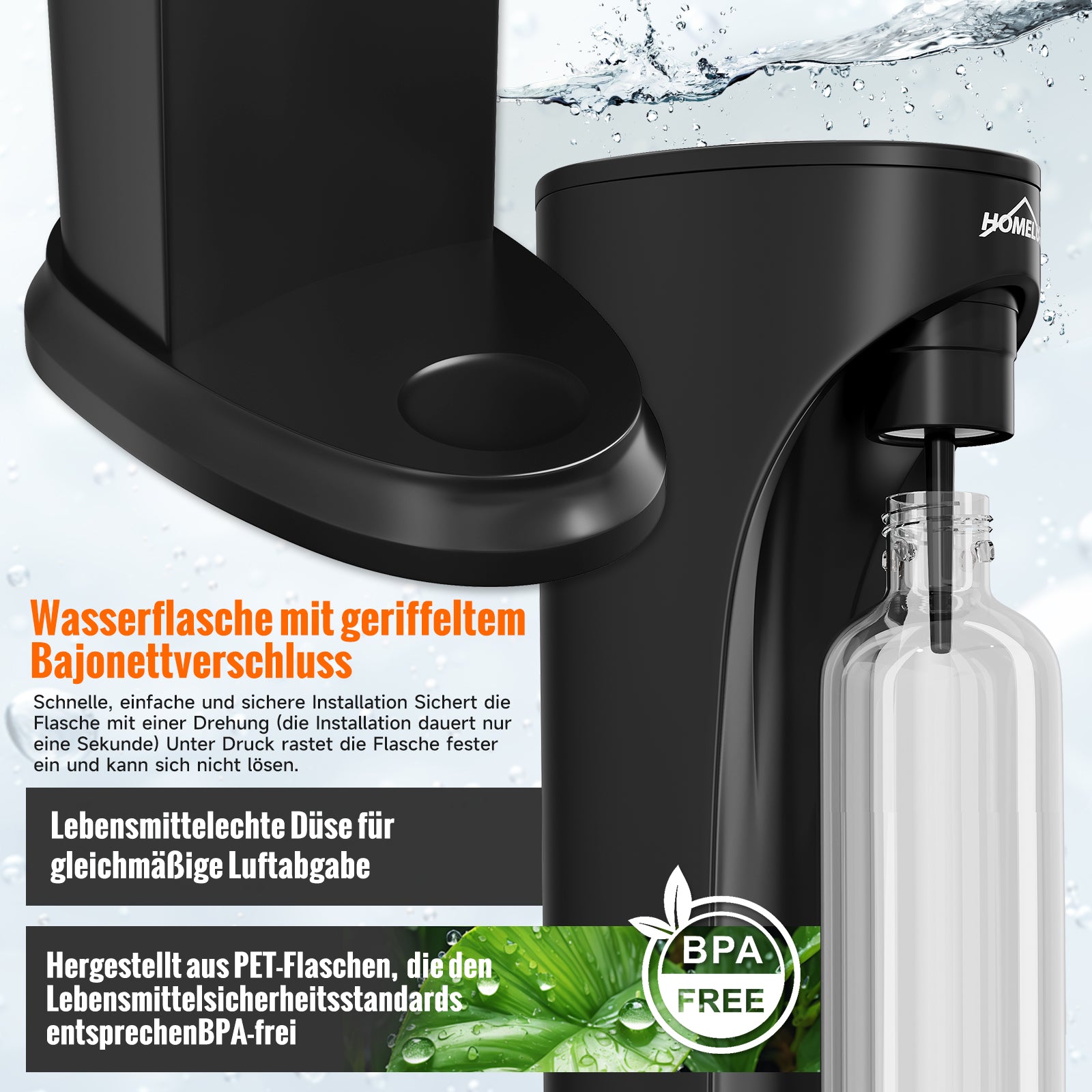 HOMELUX Wassersprudler Set inkl. BPA-freier PET-Flasche, kabelloser Trinkwassersprudler für 60L CO2-Zylinder, Schwarz