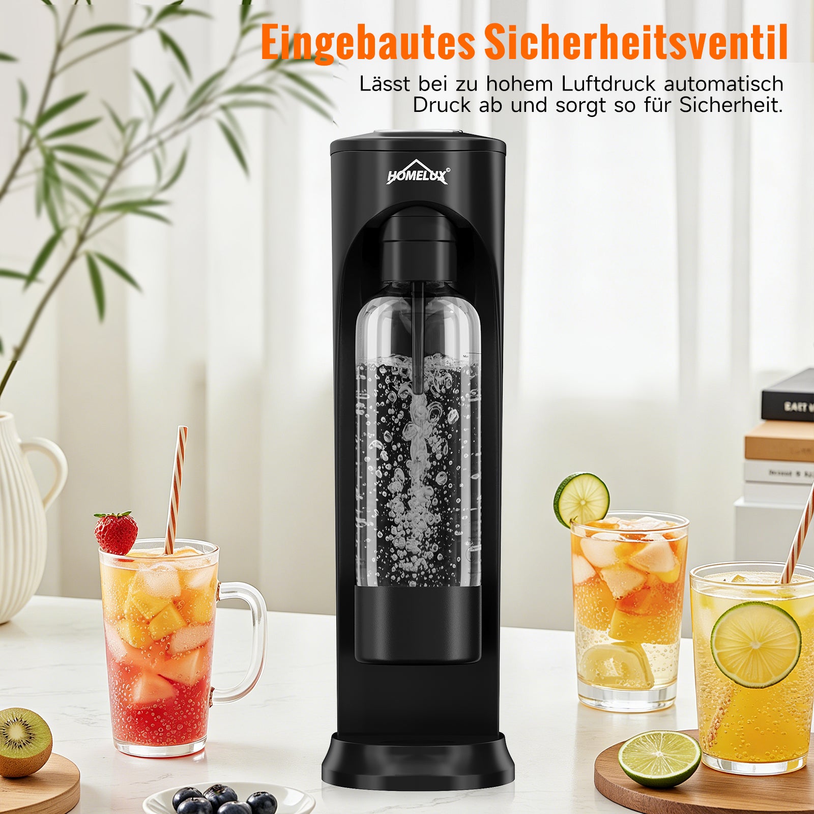 HOMELUX Wassersprudler Set inkl. BPA-freier PET-Flasche, kabelloser Trinkwassersprudler für 60L CO2-Zylinder, Schwarz