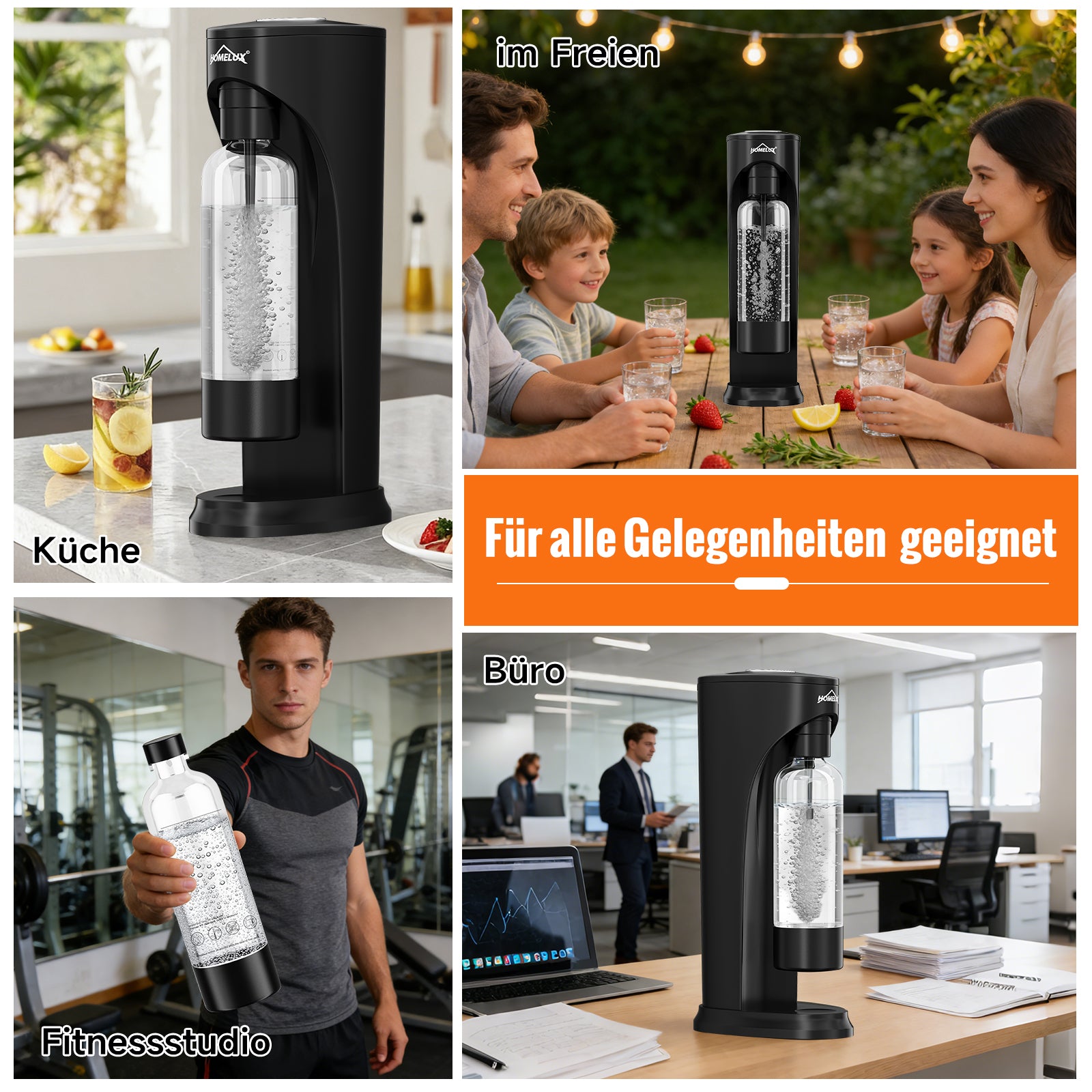 HOMELUX Wassersprudler Set inkl. BPA-freier PET-Flasche, kabelloser Trinkwassersprudler für 60L CO2-Zylinder, Schwarz