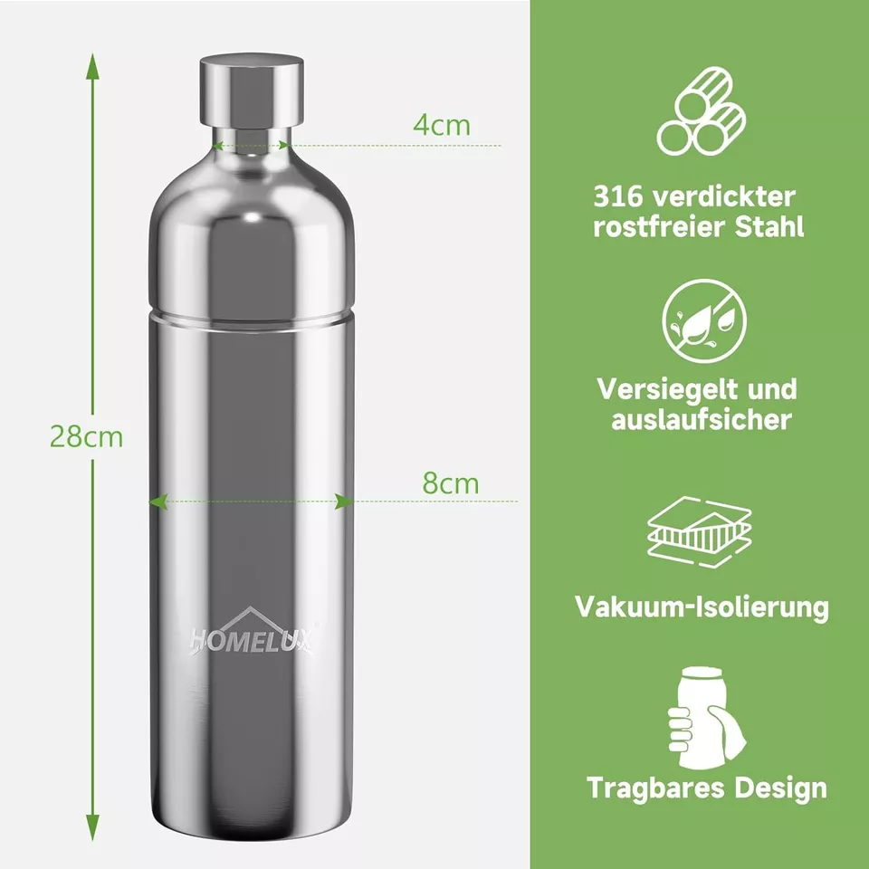 Edelstahl Flasche 316, 1L PET-Flaschen, HOMELUX, Soda Maker