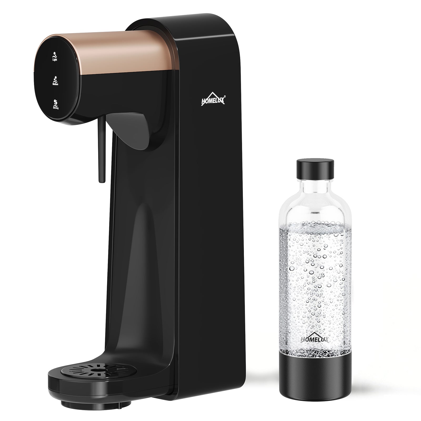 HOMELUX Elektrischer Wassersprudler, Touch-Bedienung, 3 Sprudelstärken, inkl. BPA-freier PET-Flasche, Schwarz