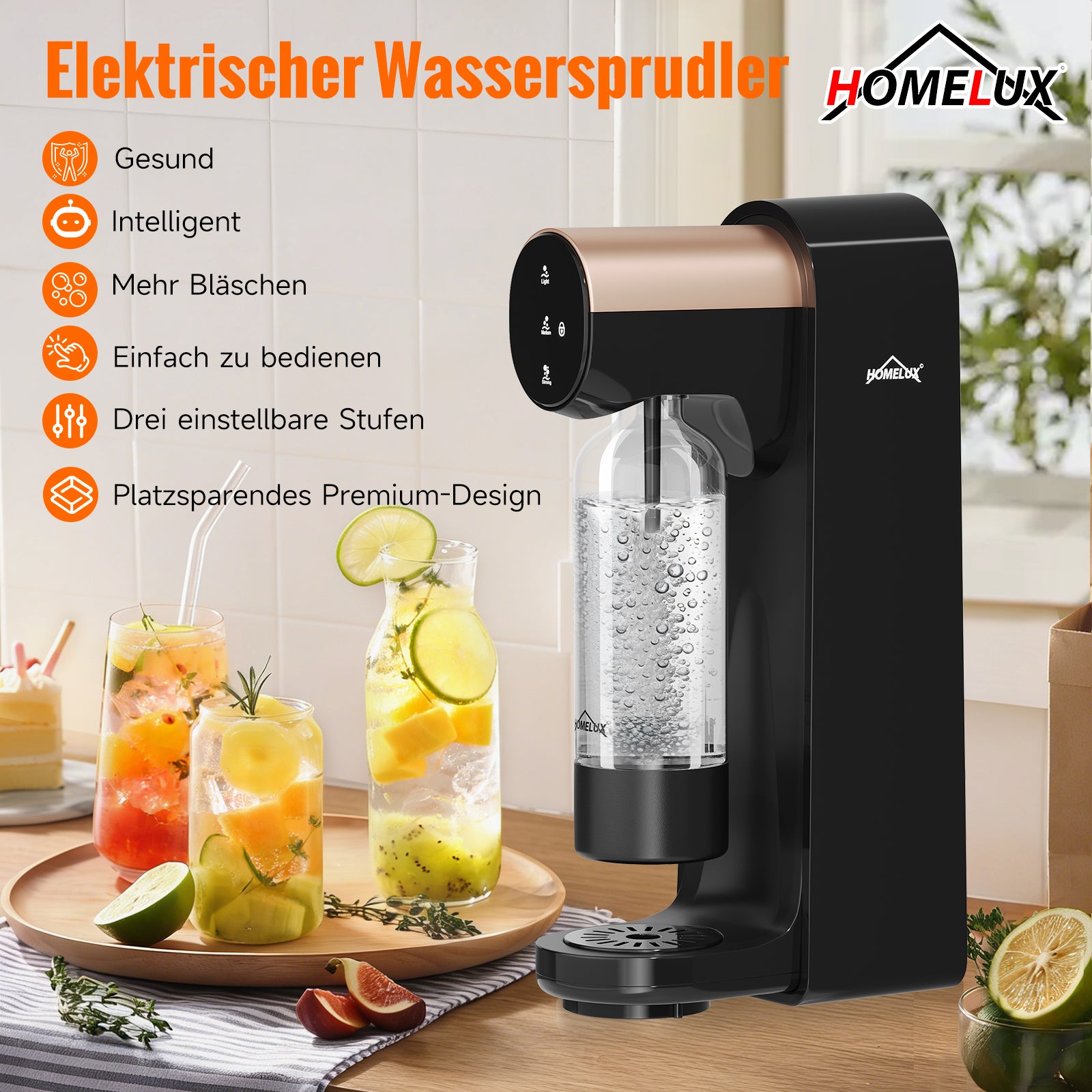HOMELUX Elektrischer Wassersprudler, Touch-Bedienung, 3 Sprudelstärken, inkl. BPA-freier PET-Flasche, Schwarz