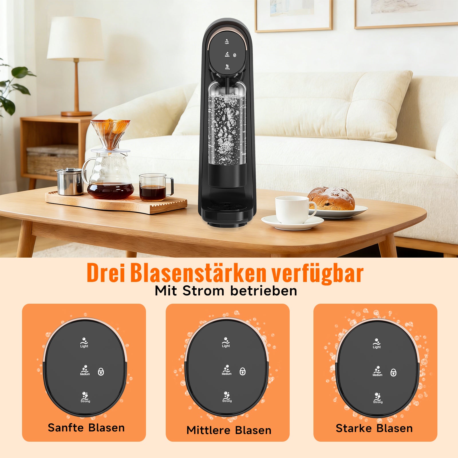 HOMELUX Elektrischer Wassersprudler, Touch-Bedienung, 3 Sprudelstärken, inkl. BPA-freier PET-Flasche, Schwarz