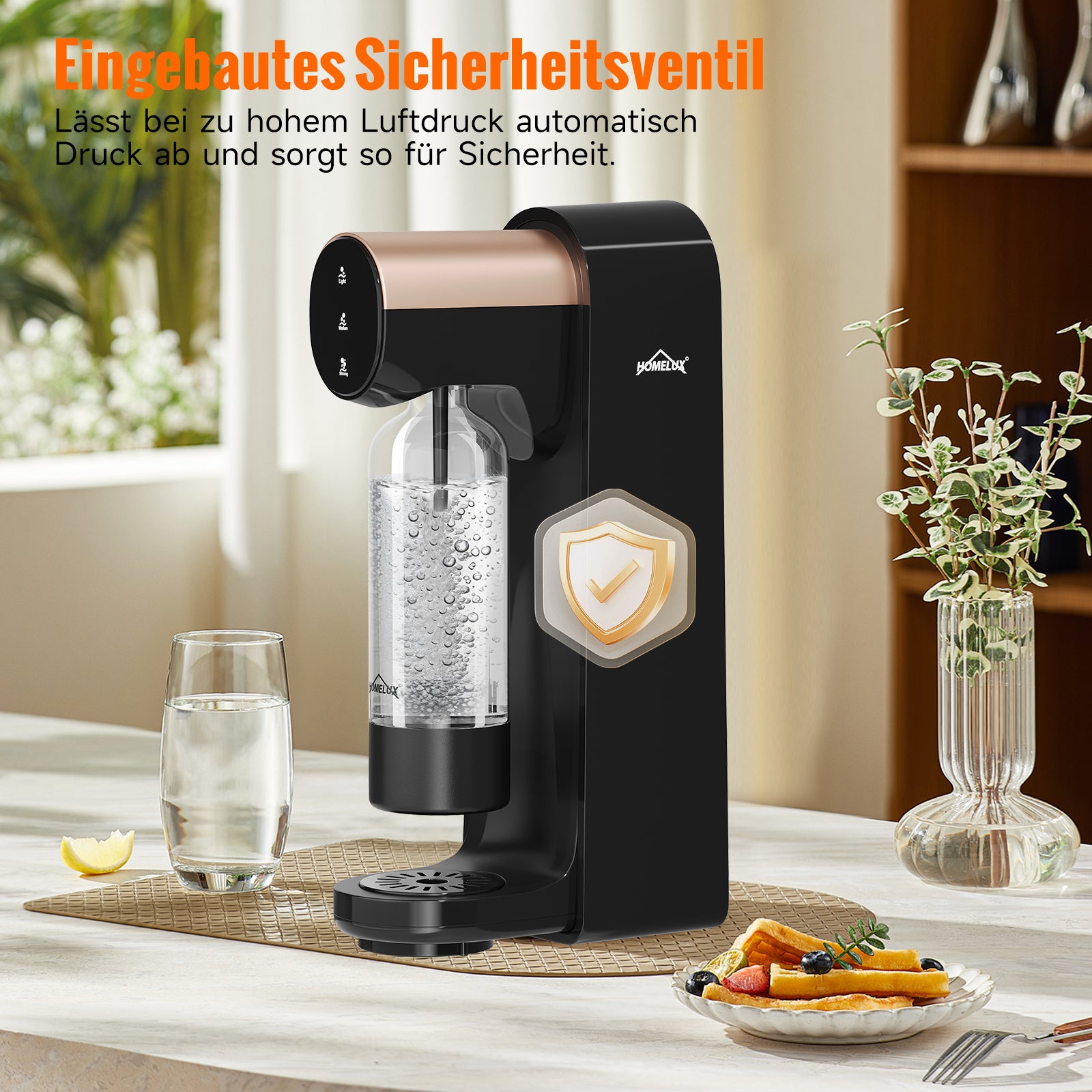 HOMELUX Elektrischer Wassersprudler, Touch-Bedienung, 3 Sprudelstärken, inkl. BPA-freier PET-Flasche, Schwarz