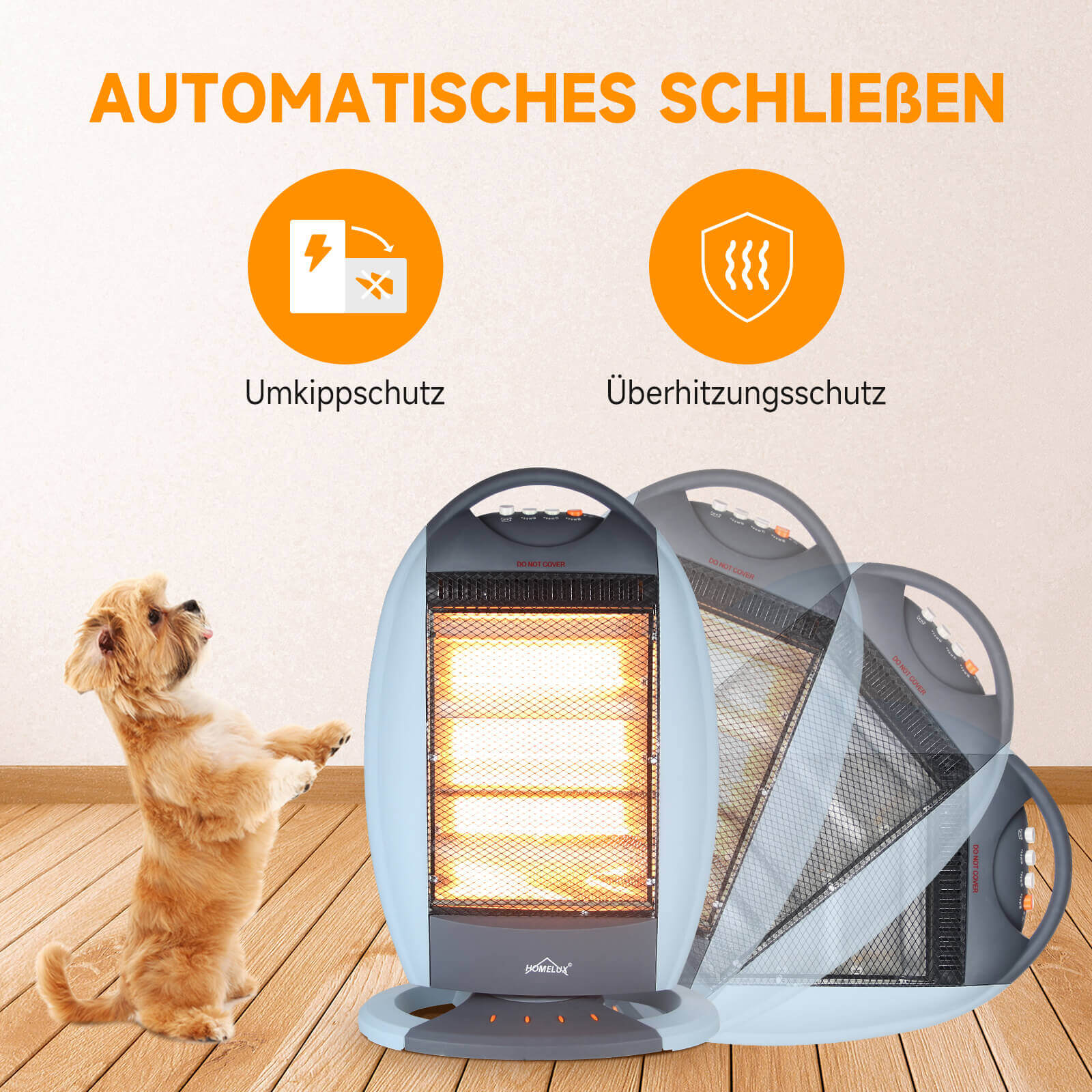 Homelux Halogen Heizstrahler mit Cold-Touch-Griff für komfortable Handhabung.