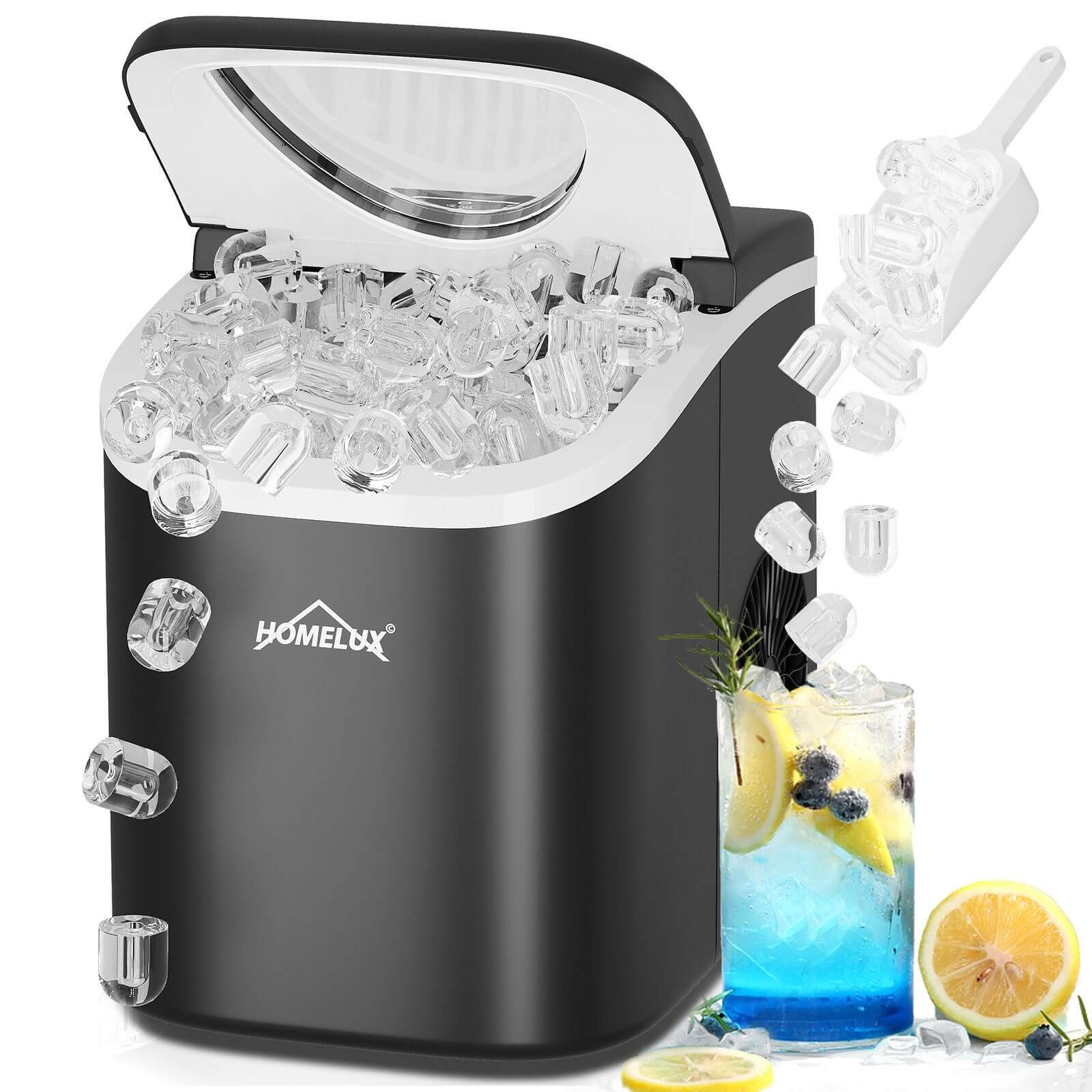 Eiswürfelmaschine 1,4 L Ice Maker, 2 wählbare Eiswürfelgrößen, 9 Eiswürfel in 6 Minuten, Selbstreinigungsfunktion Schwarz