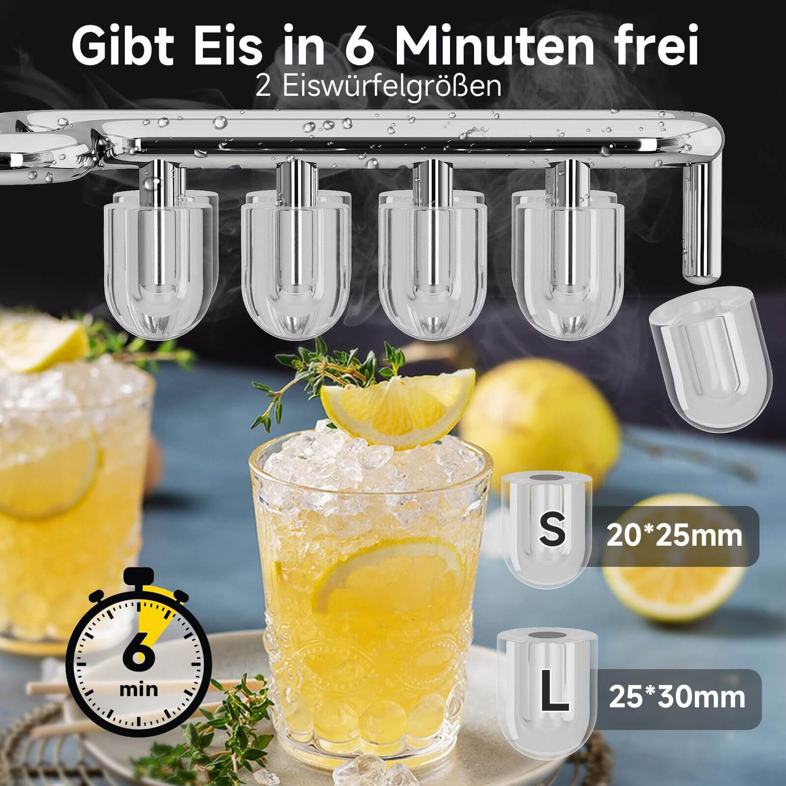 Eiswürfelmaschine 1,4 L Ice Maker, 2 wählbare Eiswürfelgrößen, 9 Eiswürfel in 6 Minuten, Selbstreinigungsfunktion Schwarz