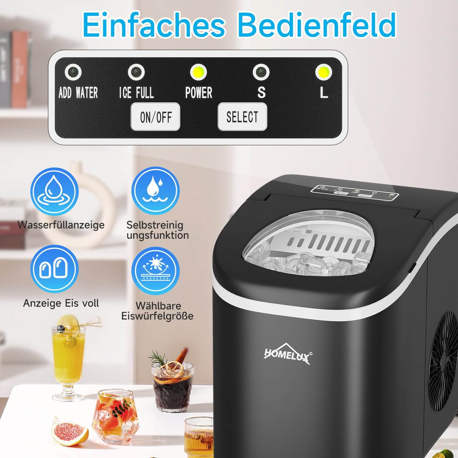 Eiswürfelmaschine 1,4 L Ice Maker, 2 wählbare Eiswürfelgrößen, 9 Eiswürfel in 6 Minuten, Selbstreinigungsfunktion Schwarz