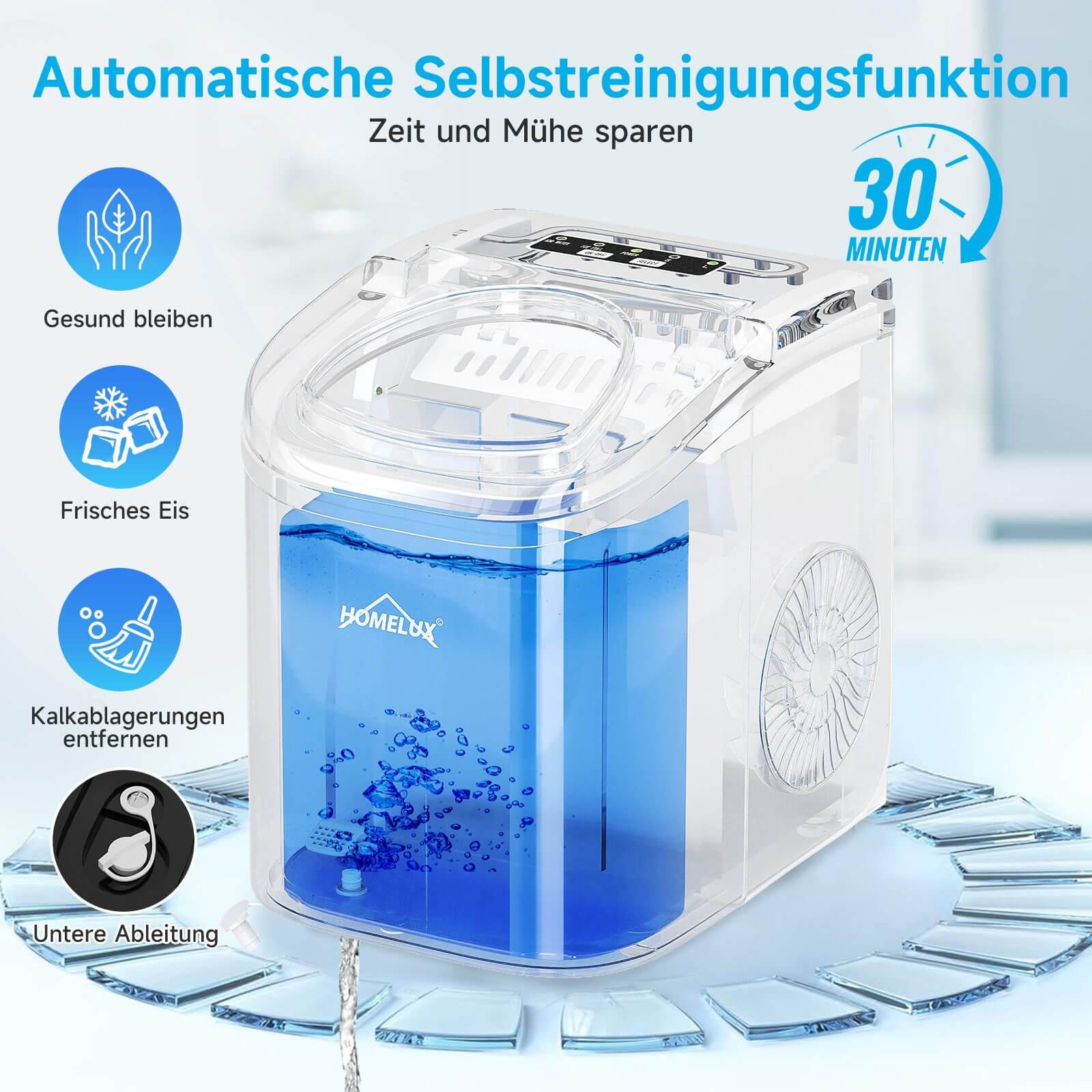 Eiswürfelmaschine 1,4 L Ice Maker, 2 wählbare Eiswürfelgrößen, 9 Eiswürfel in 6 Minuten, Selbstreinigungsfunktion Schwarz