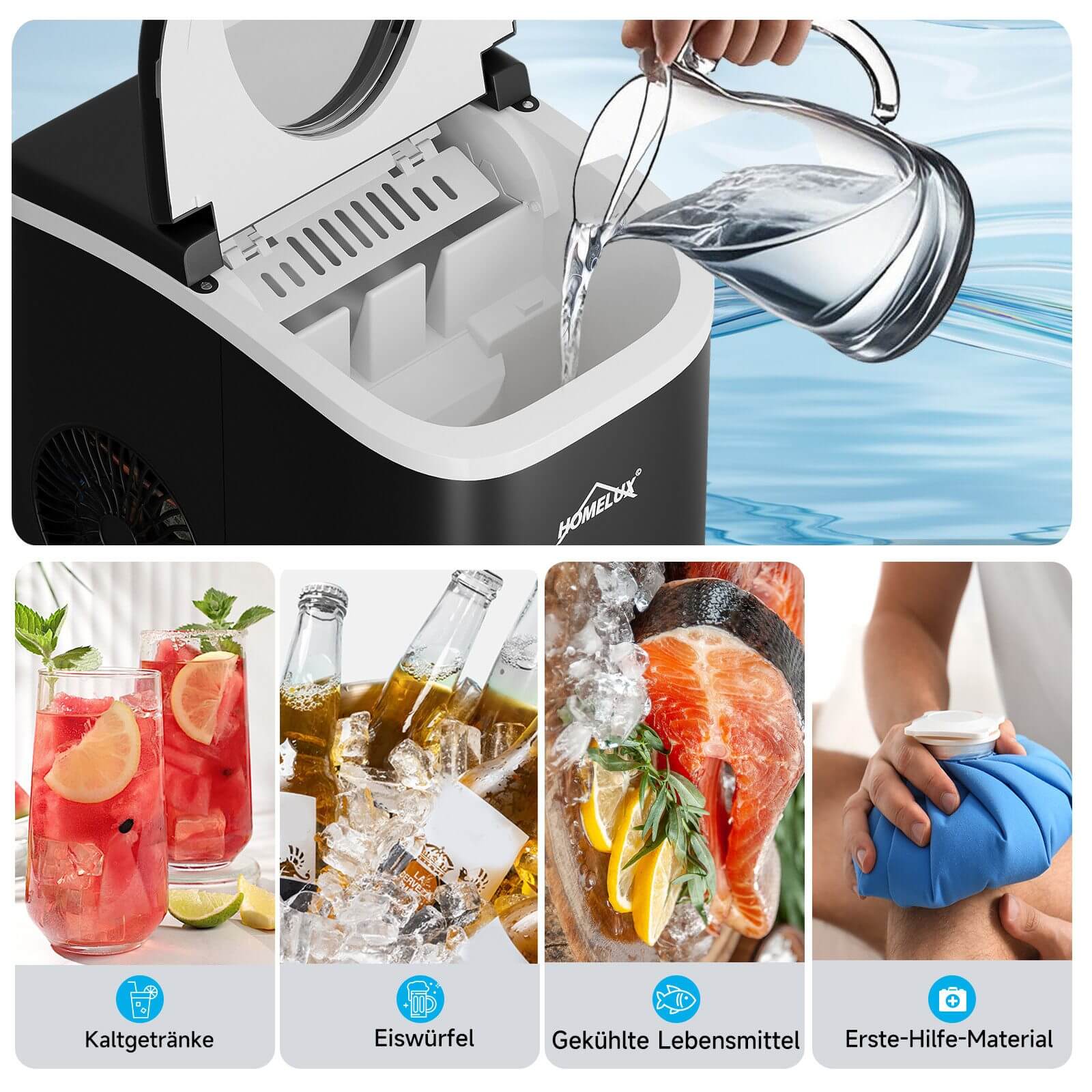 Eiswürfelmaschine 1,4 L Ice Maker, 2 wählbare Eiswürfelgrößen, 9 Eiswürfel in 6 Minuten, Selbstreinigungsfunktion Schwarz
