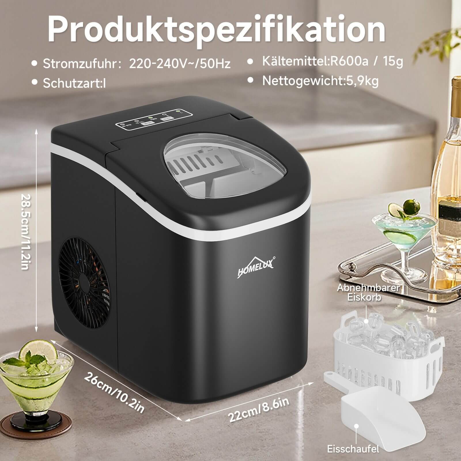 Eiswürfelmaschine 1,4 L Ice Maker, 2 wählbare Eiswürfelgrößen, 9 Eiswürfel in 6 Minuten, Selbstreinigungsfunktion Schwarz