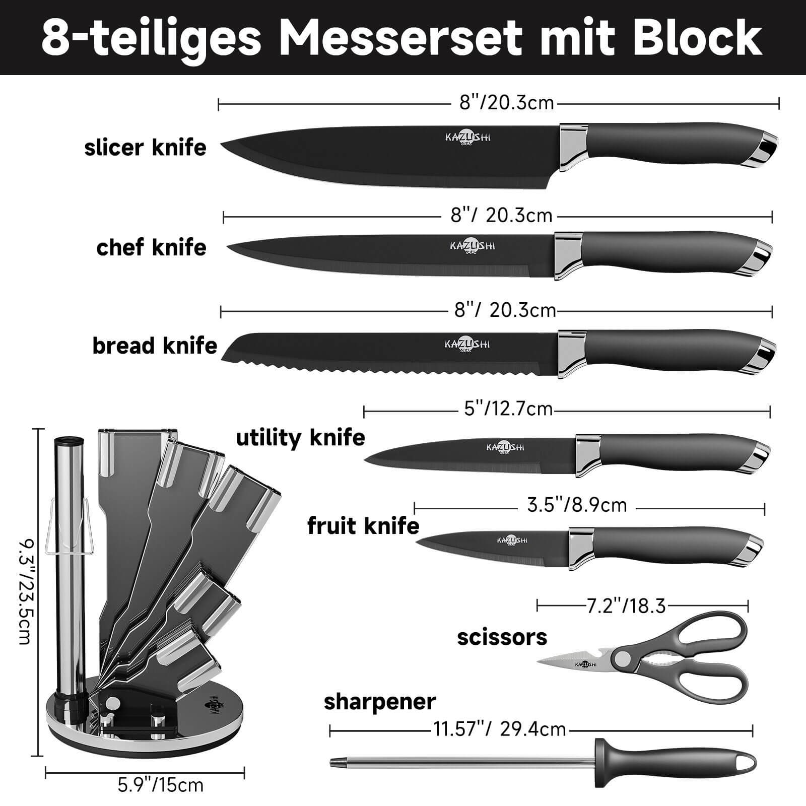 Komplettes Messer Set mit Wetzstahl – Für alle Schneidarbeiten in der Küche.