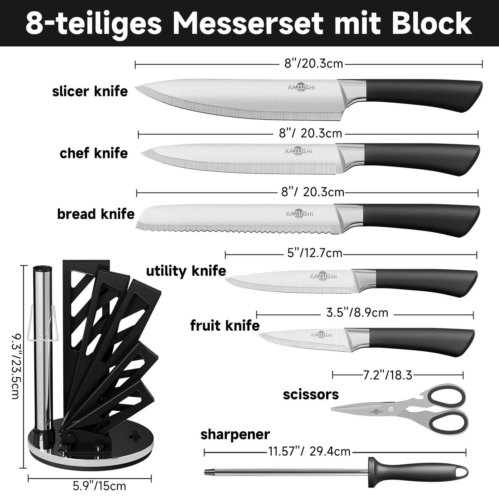 7-teiliges Set mit selbstschärfendem Block – Immer perfekt geschärfte Messer.