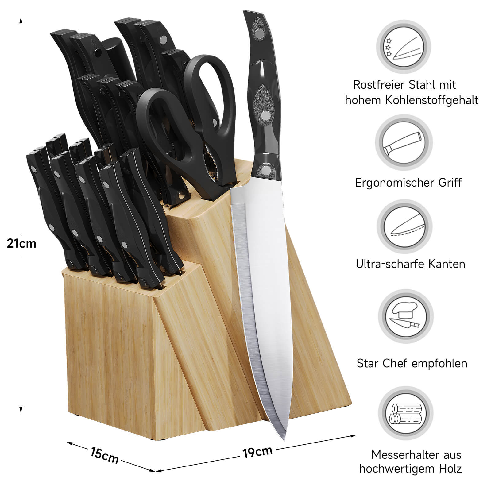 19-teiliges Profi Messerset mit Holzblock – Superscharf, ergonomisch, rostfrei – Küchenmesser, Schärfer, Schere, All-in-One Set
