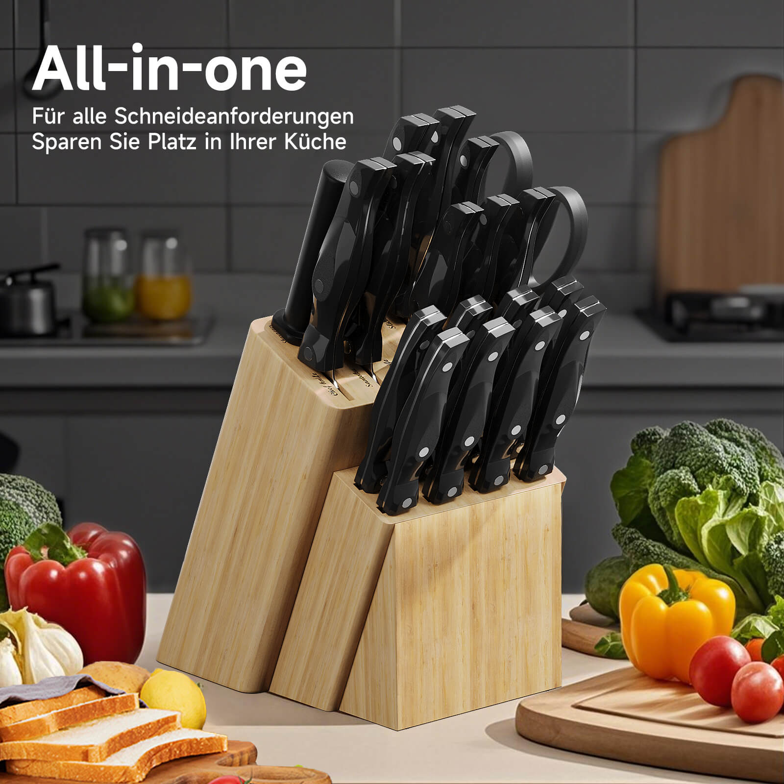 19-teiliges Profi Messerset mit Holzblock – Superscharf, ergonomisch, rostfrei – Küchenmesser, Schärfer, Schere, All-in-One Set