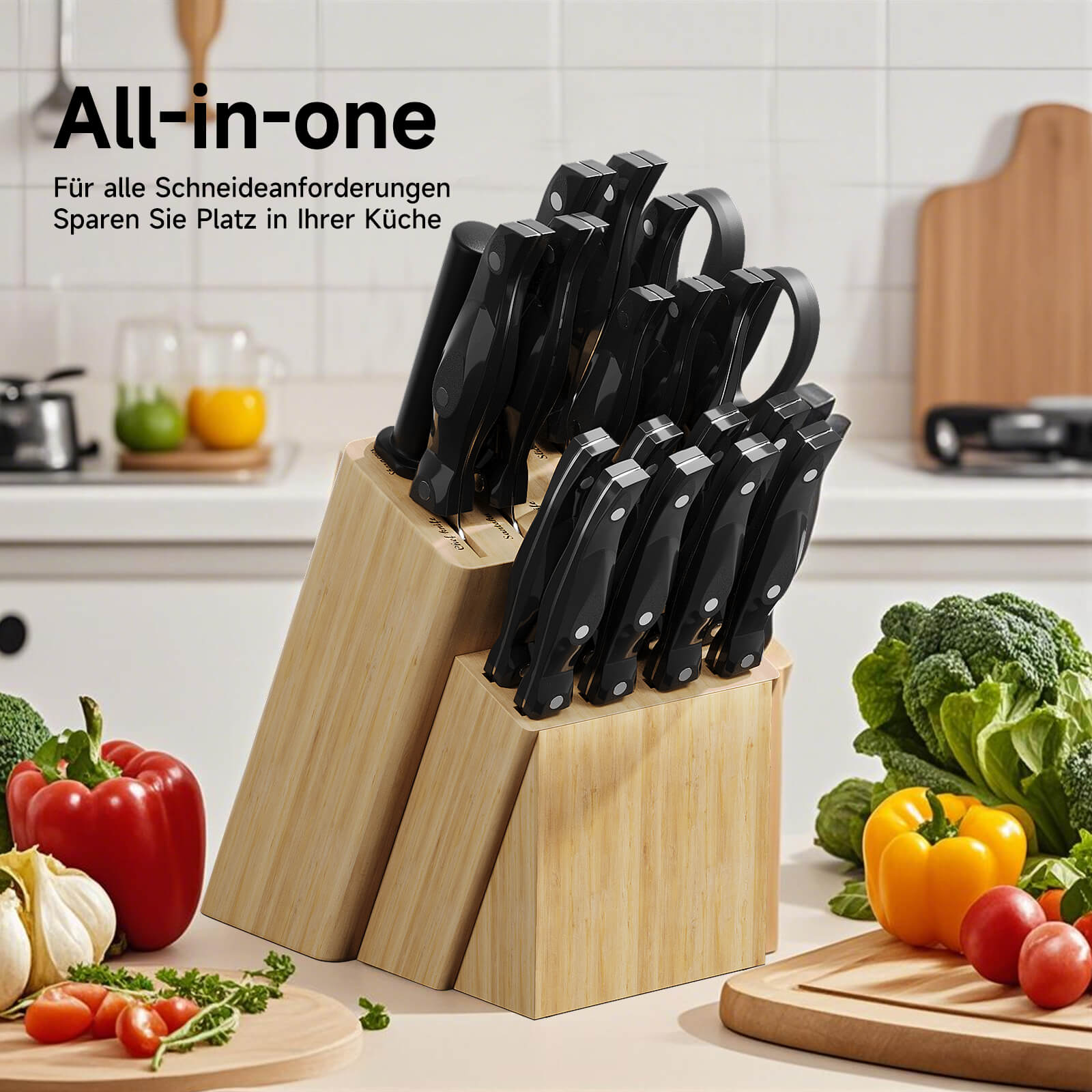 19-teiliges Profi Messerset mit Holzblock – Superscharf, ergonomisch, rostfrei – Küchenmesser, Schärfer, Schere, All-in-One Set