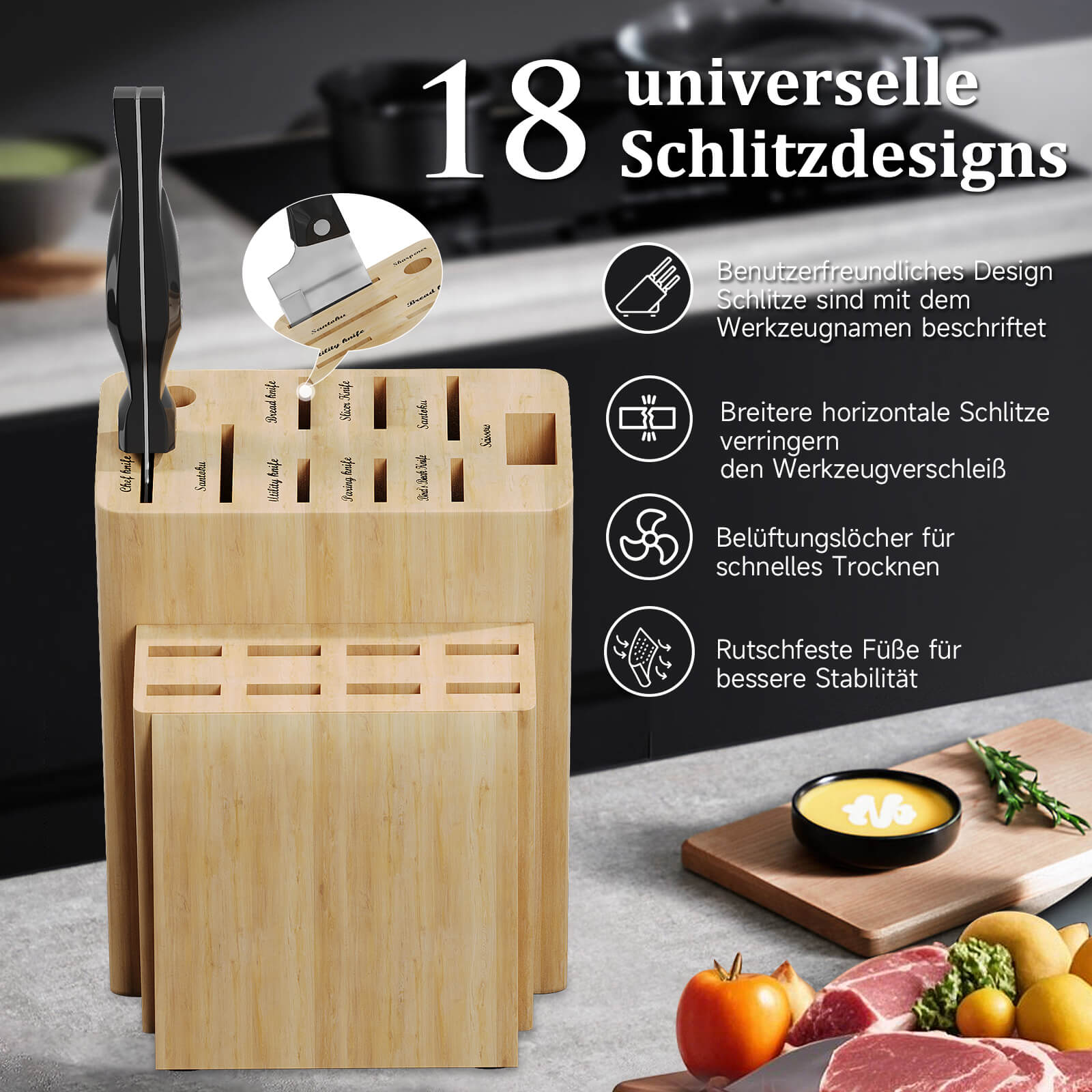 19-teiliges Profi Messerset mit Holzblock – Superscharf, ergonomisch, rostfrei – Küchenmesser, Schärfer, Schere, All-in-One Set