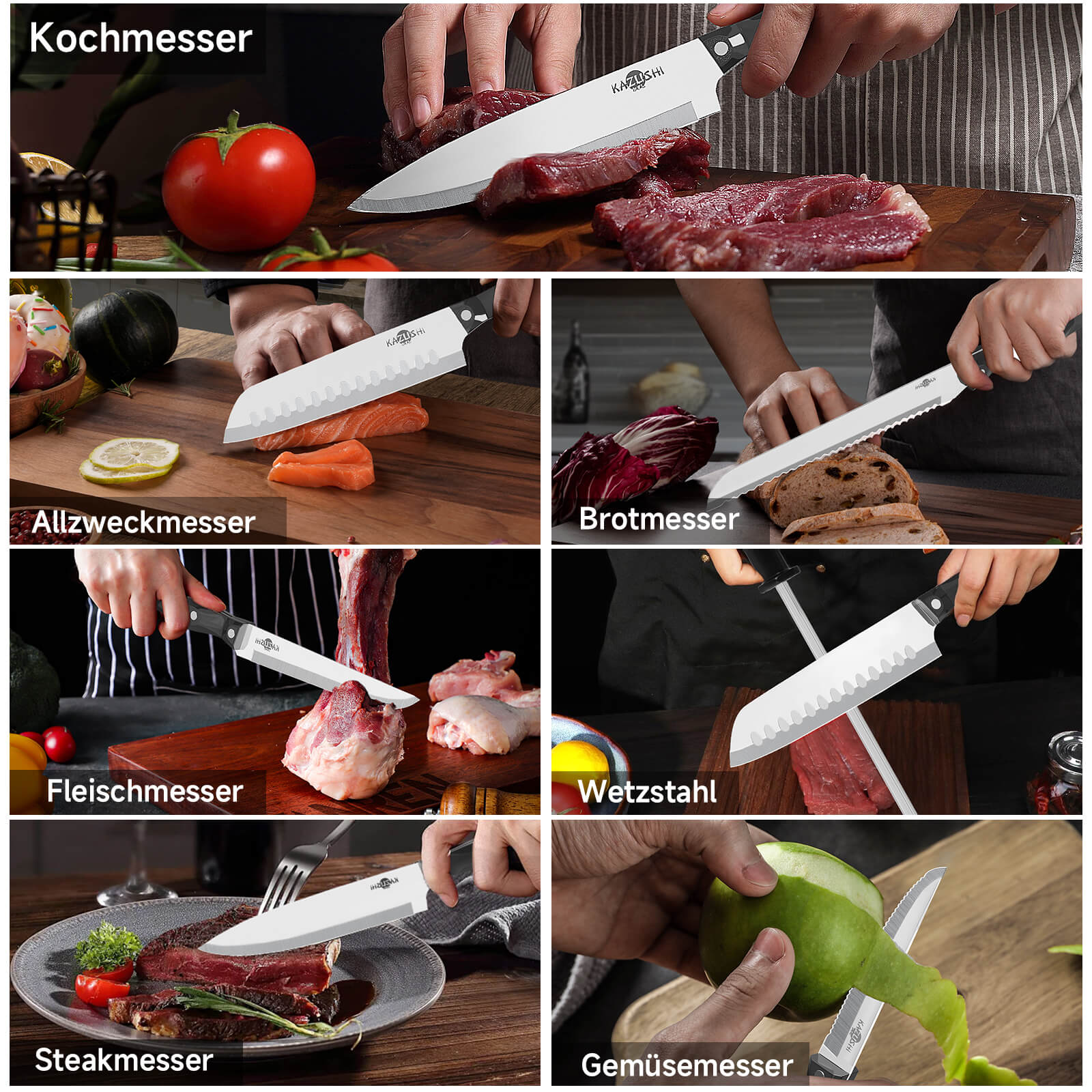 19-teiliges Profi Messerset mit Holzblock – Superscharf, ergonomisch, rostfrei – Küchenmesser, Schärfer, Schere, All-in-One Set