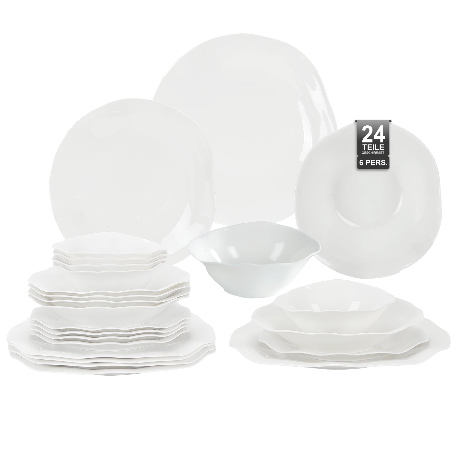 24-teiliges Keramik-Tafelgeschirr-Set für 6 Personen in elegantem Wellendesign, spülmaschinen- und mikrowellengeeignet