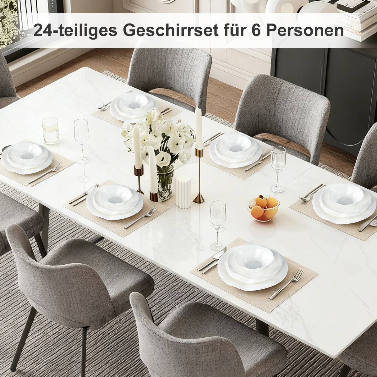 24-teiliges Keramik-Tafelgeschirr-Set für 6 Personen in elegantem Wellendesign, spülmaschinen- und mikrowellengeeignet