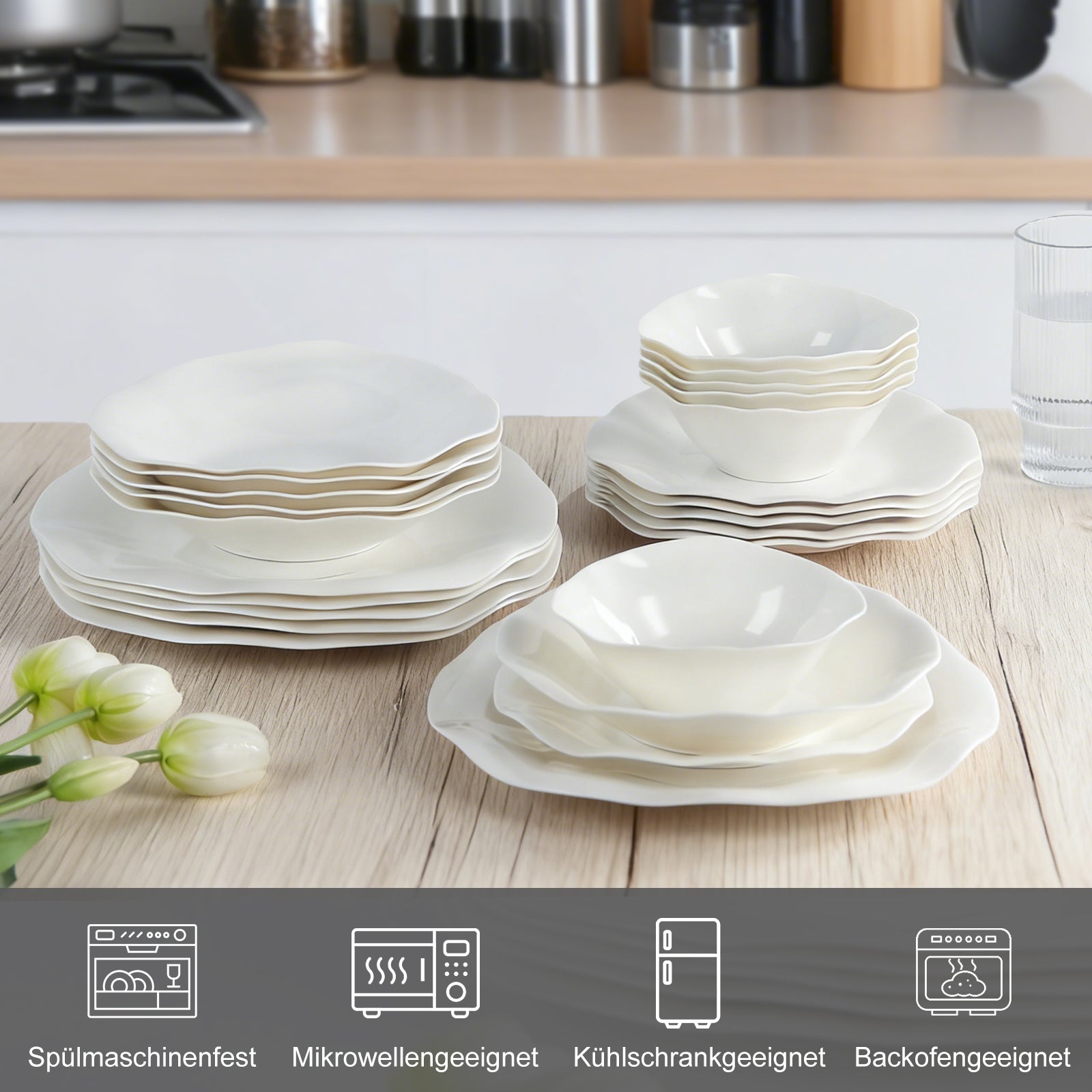 24-teiliges Keramik-Tafelgeschirr-Set für 6 Personen in elegantem Wellendesign, spülmaschinen- und mikrowellengeeignet