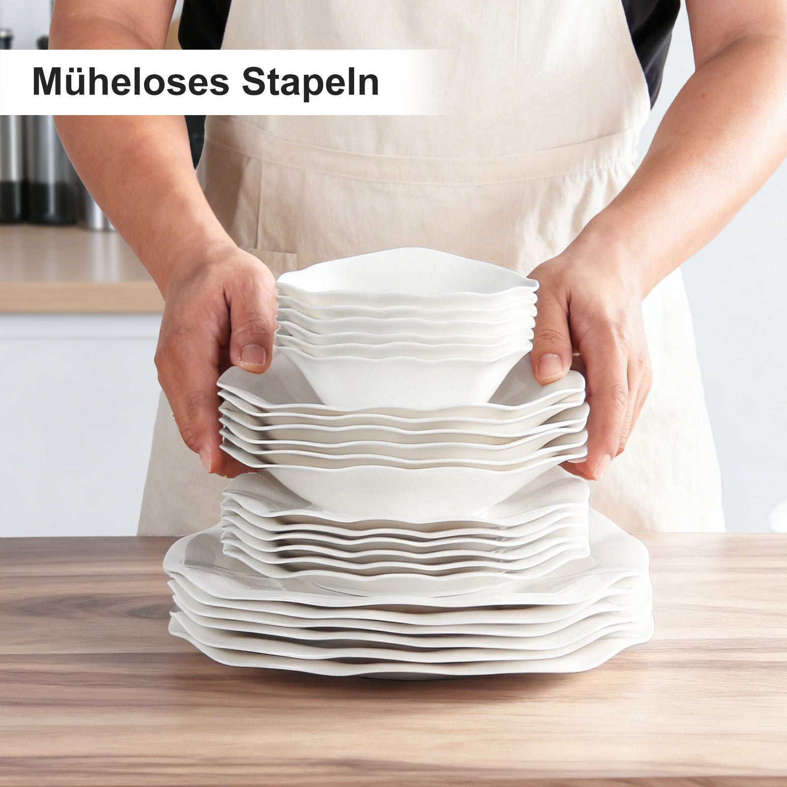 24-teiliges Keramik-Tafelgeschirr-Set für 6 Personen in elegantem Wellendesign, spülmaschinen- und mikrowellengeeignet