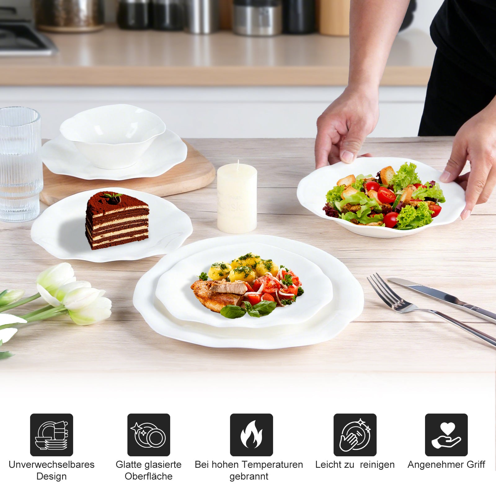 24-teiliges Keramik-Tafelgeschirr-Set für 6 Personen in elegantem Wellendesign, spülmaschinen- und mikrowellengeeignet