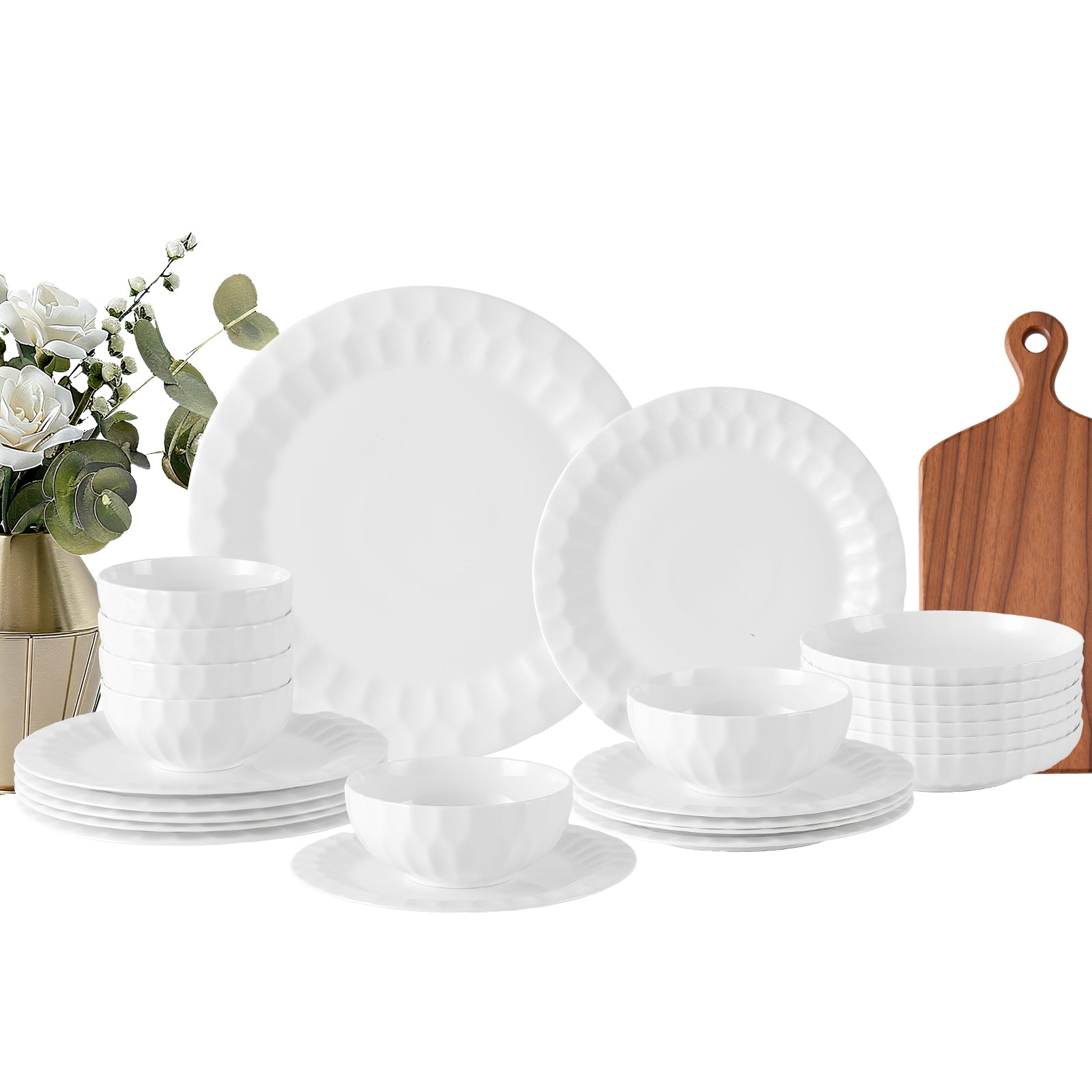 24-teiliges Keramik-Tafelgeschirr-Set für 6 Personen in elegantem Relief-Design, spülmaschinenfest