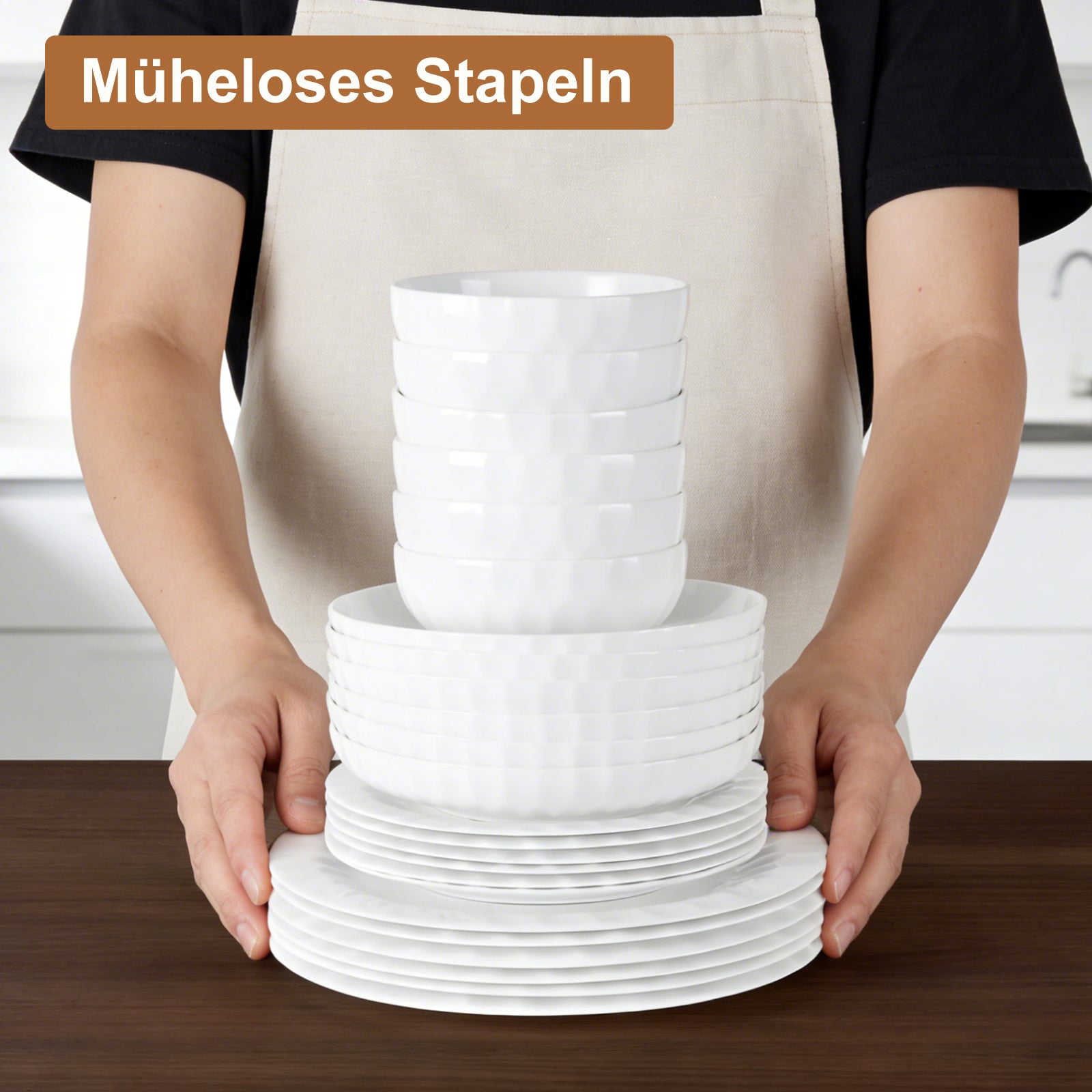 24-teiliges Keramik-Tafelgeschirr-Set für 6 Personen in elegantem Relief-Design, spülmaschinenfest