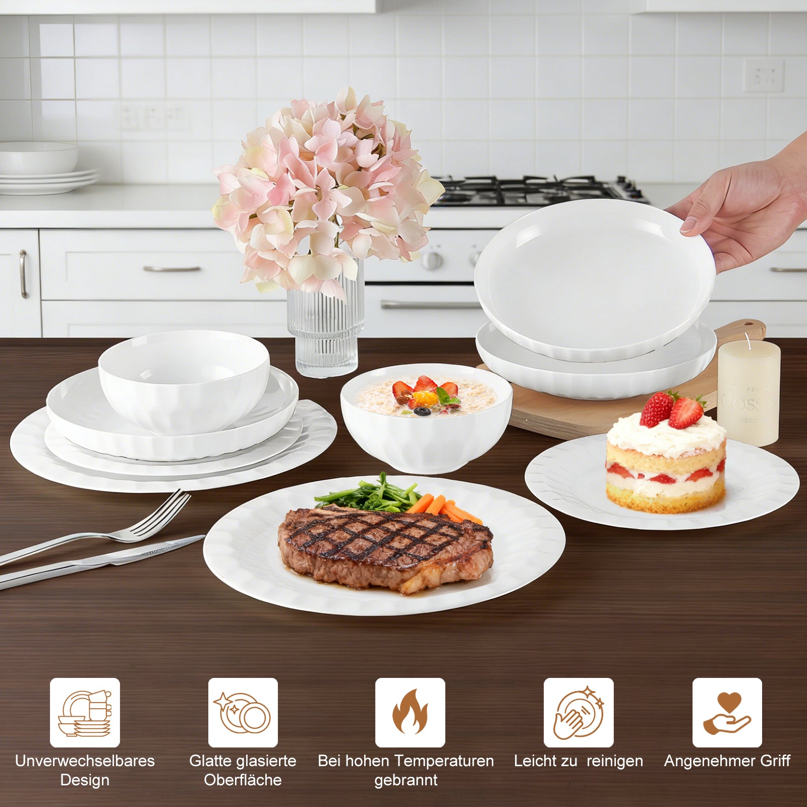 24-teiliges Keramik-Tafelgeschirr-Set für 6 Personen in elegantem Relief-Design, spülmaschinenfest