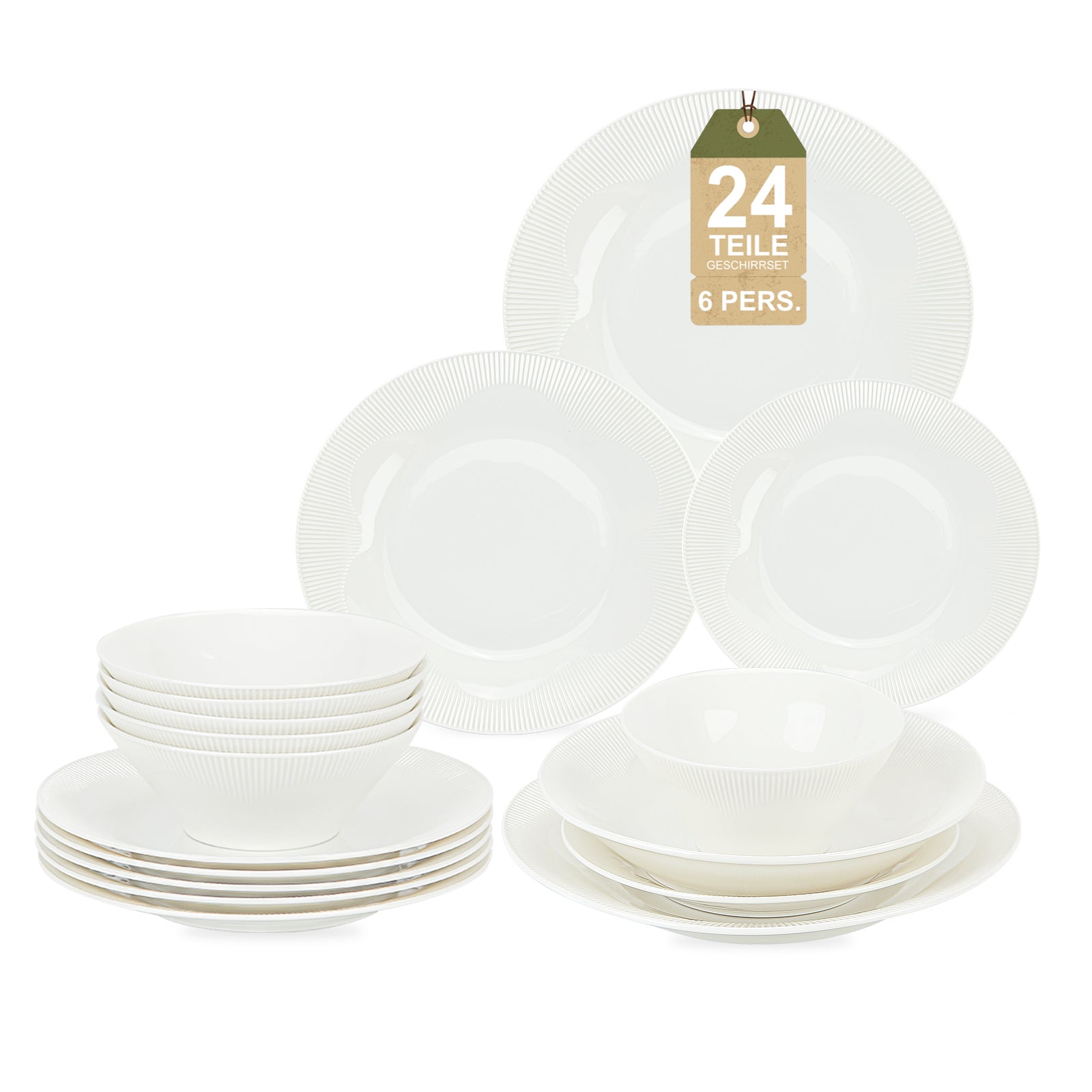24-teiliges Keramik-Geschirrset für 6 Personen, spülmaschinenfest, modernes Rillendesign