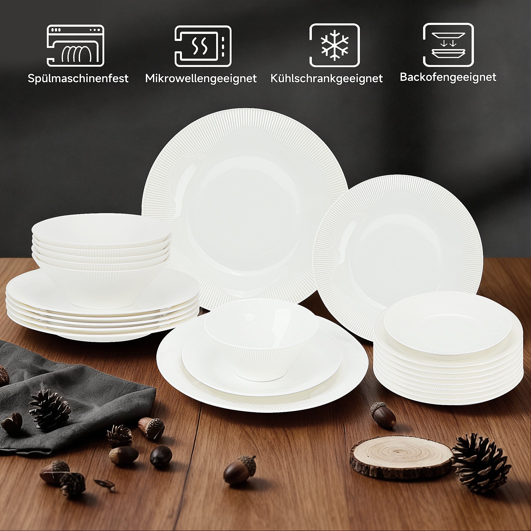 24-teiliges Keramik-Geschirrset für 6 Personen, spülmaschinenfest, modernes Rillendesign