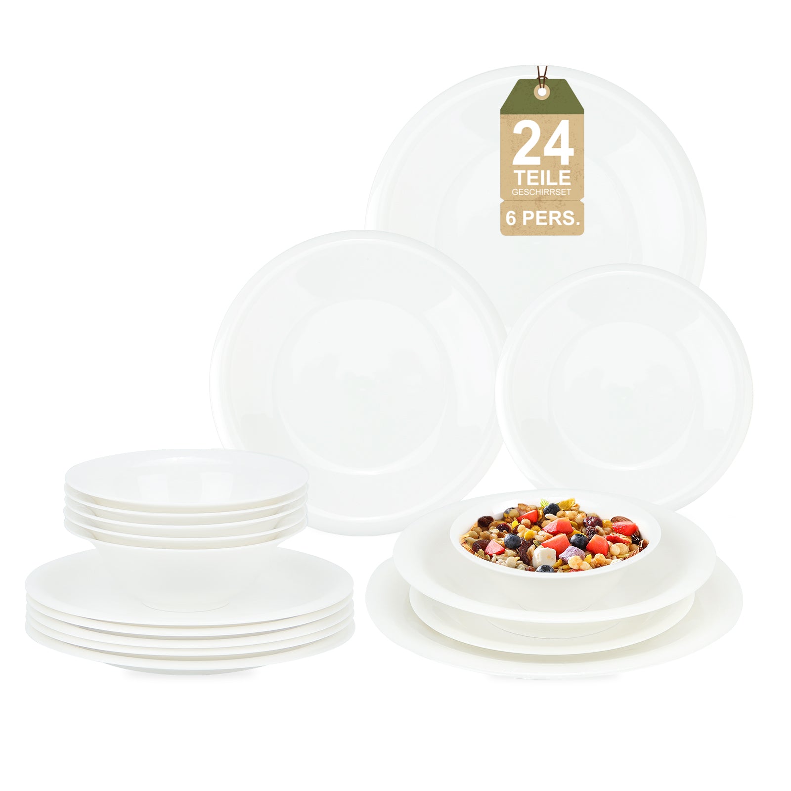Hochwertiges 24-teiliges Keramik-Tafelservice in Weiß zeitloses Design für 6 Personen