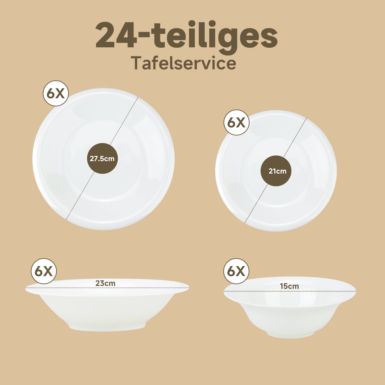 Hochwertiges 24-teiliges Keramik-Tafelservice in Weiß zeitloses Design für 6 Personen