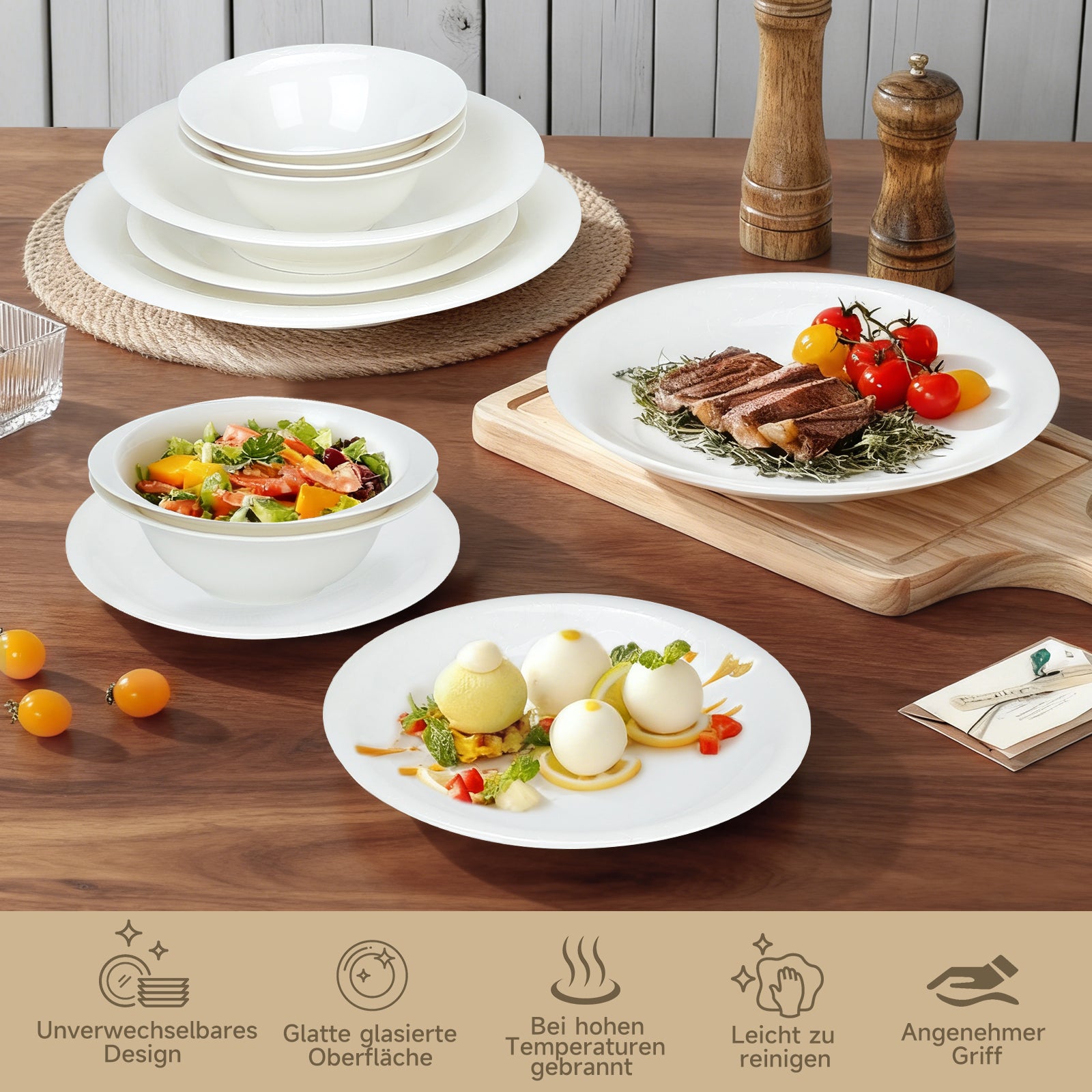 24-teiliges Keramik-Tafelservice in Weiß hochwertiges, zeitloses Geschirrset für 6 Personen