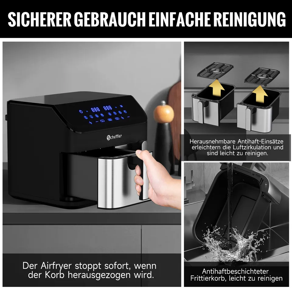 Scheffler Heißluftfritteuse 2 kammern 9L Airfryer 8 Programme Dual Cook & Sync Finish