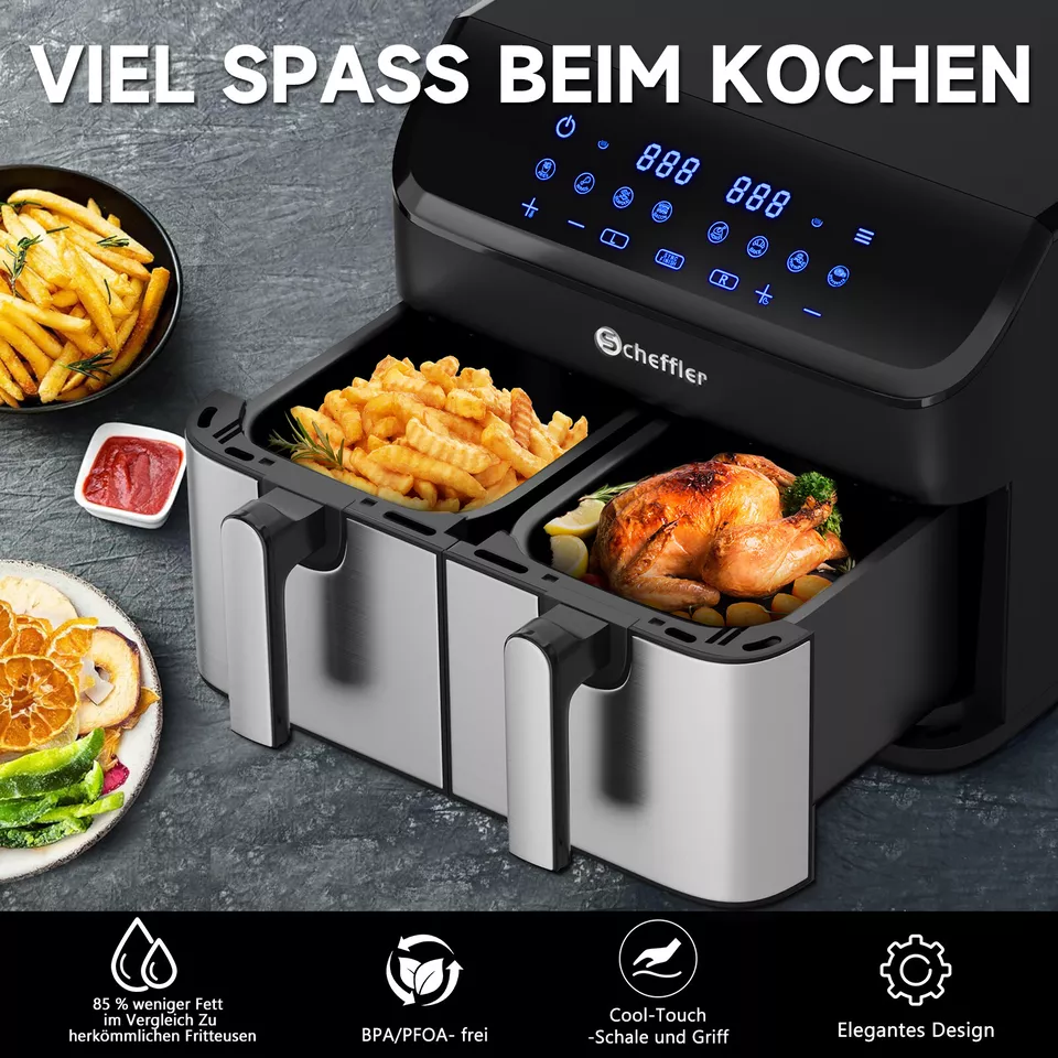 Scheffler Heißluftfritteuse 2 kammern 9L Airfryer 8 Programme Dual Cook & Sync Finish
