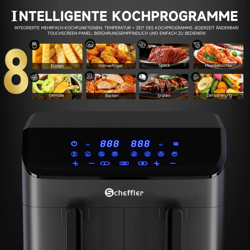 Scheffler Heißluftfritteuse 2 kammern 9L Airfryer 8 Programme Dual Cook & Sync Finish