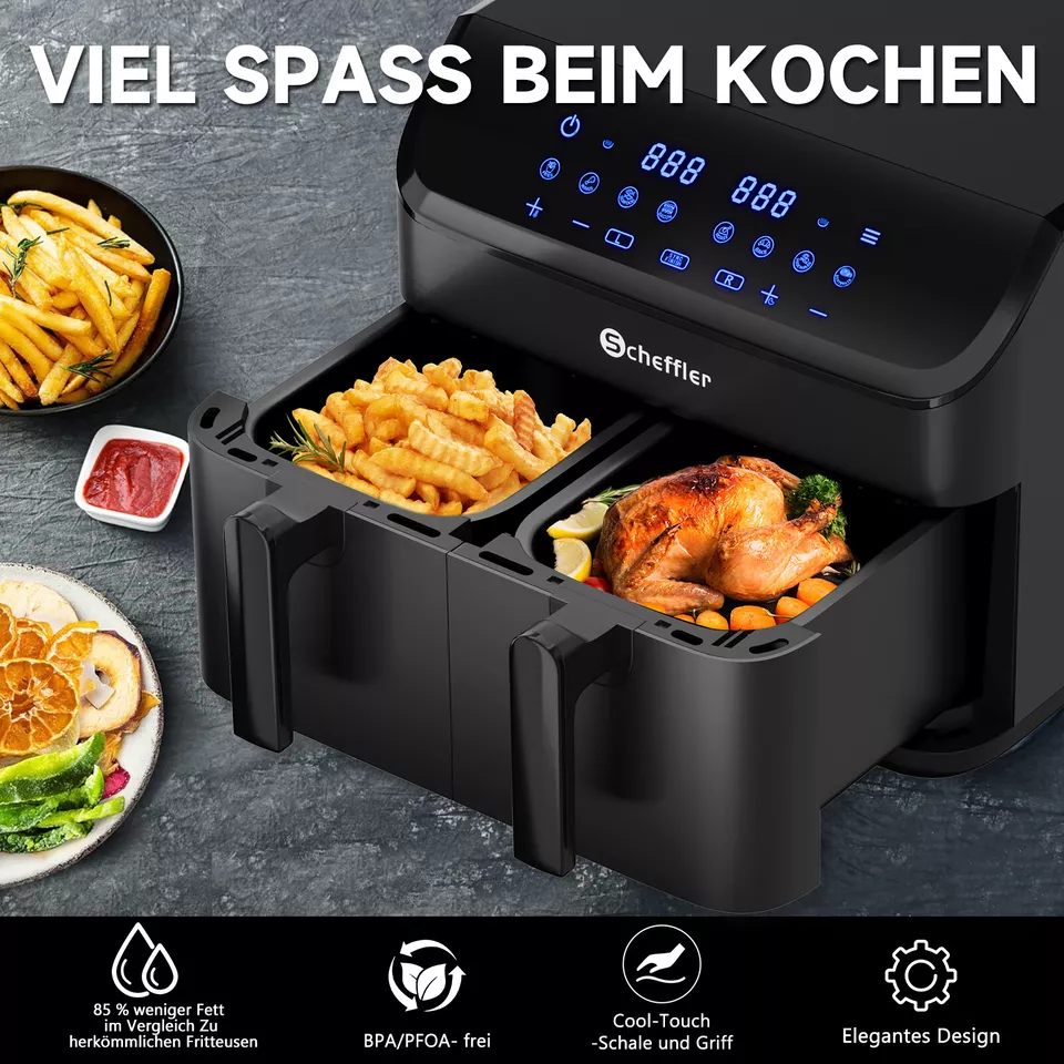 Scheffler Heißluftfritteuse 2 kammern 9L Airfryer 8 Programme Dual Cook & Sync Finish
