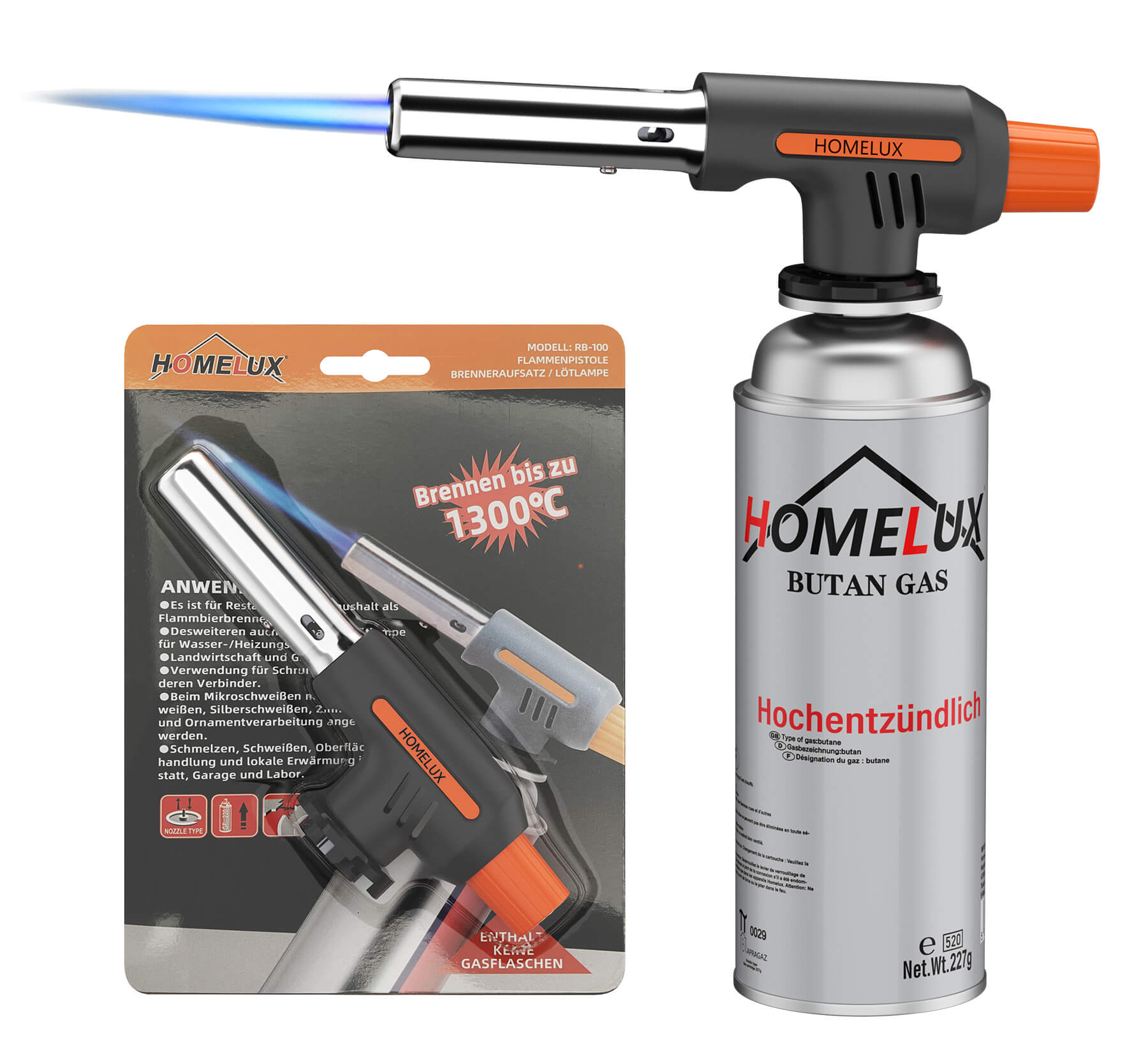 Starke 1300°C Flamme für präzises Karamellisieren und Löten