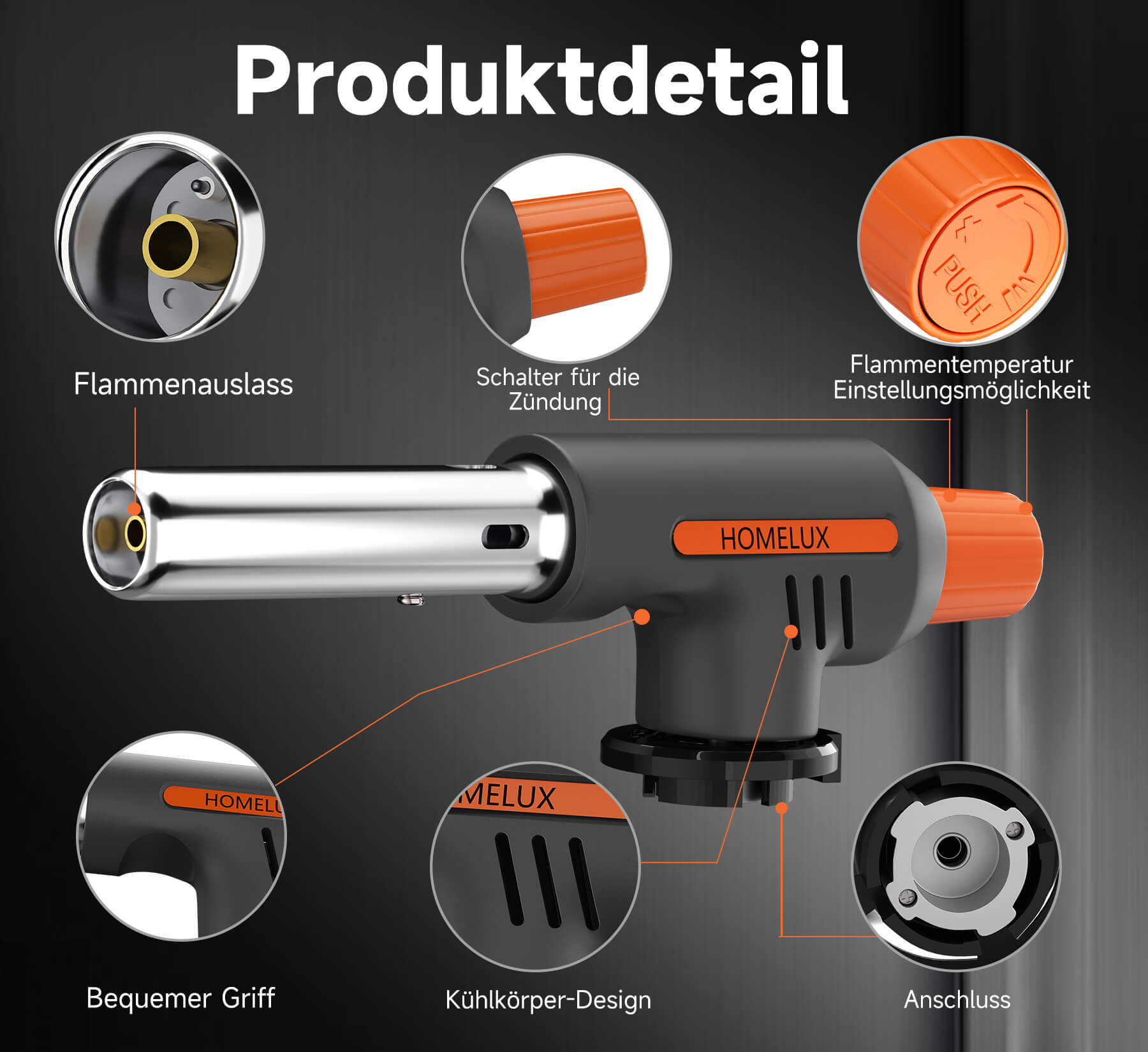 Sicherheits-Gasbrenner mit rutschfestem Griff und langer Düse